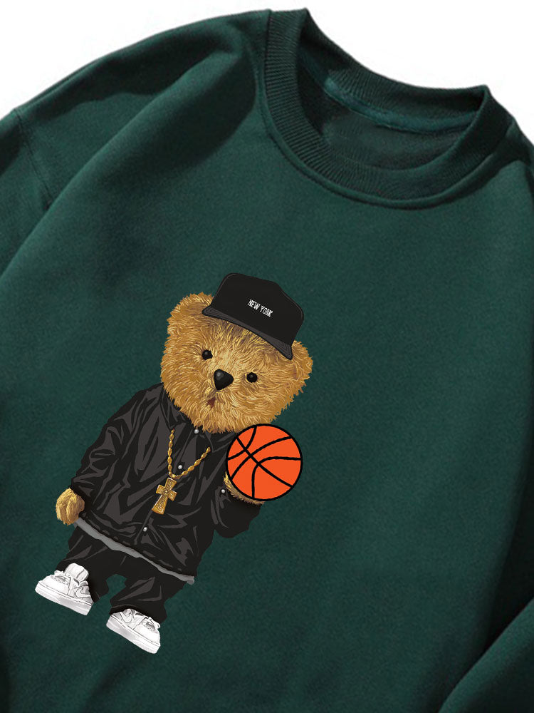 Sweat-shirt décontracté à col rond imprimé ours basketteur