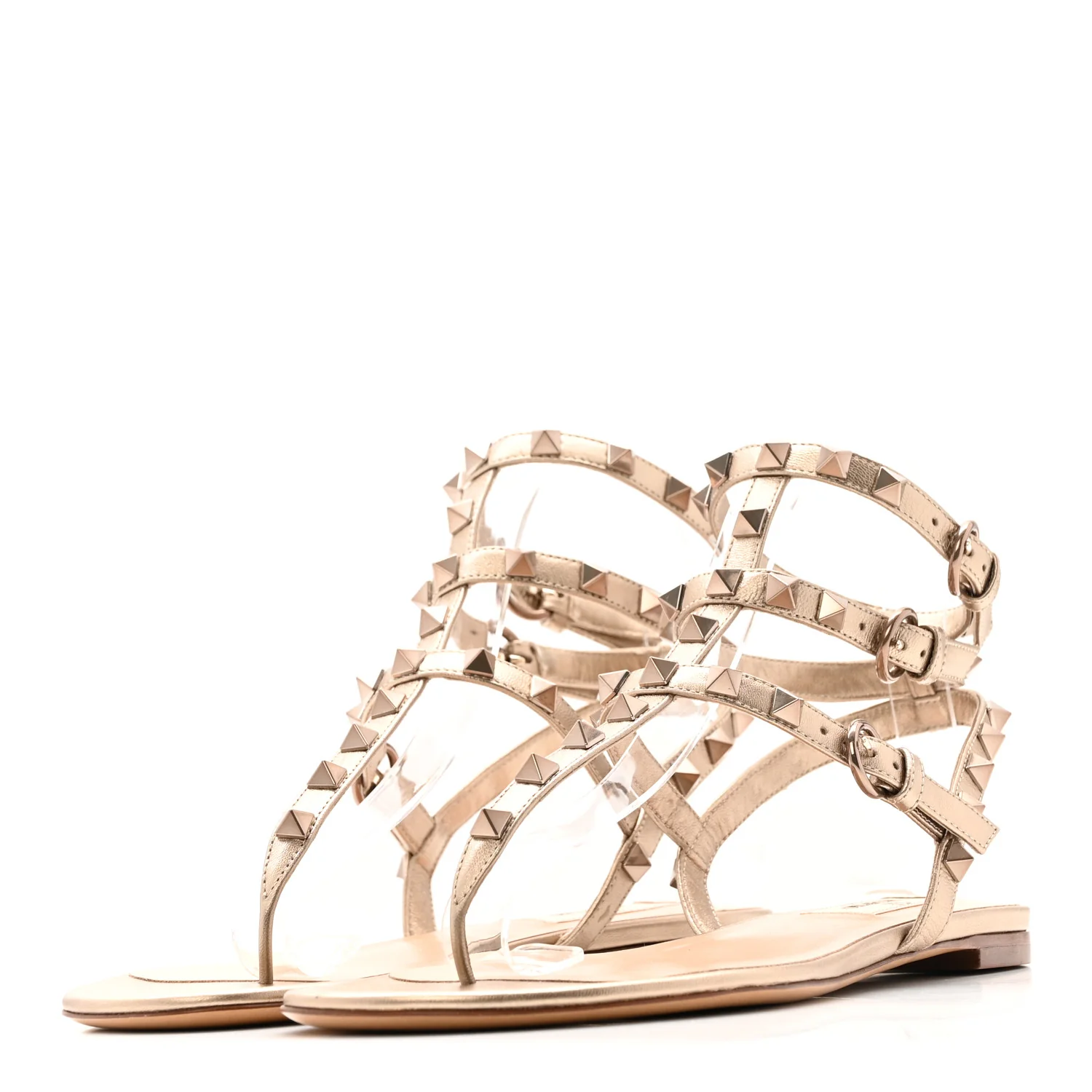 Nappa Rockstud Ankle Strap Flat Thong Sandals 38 Skin