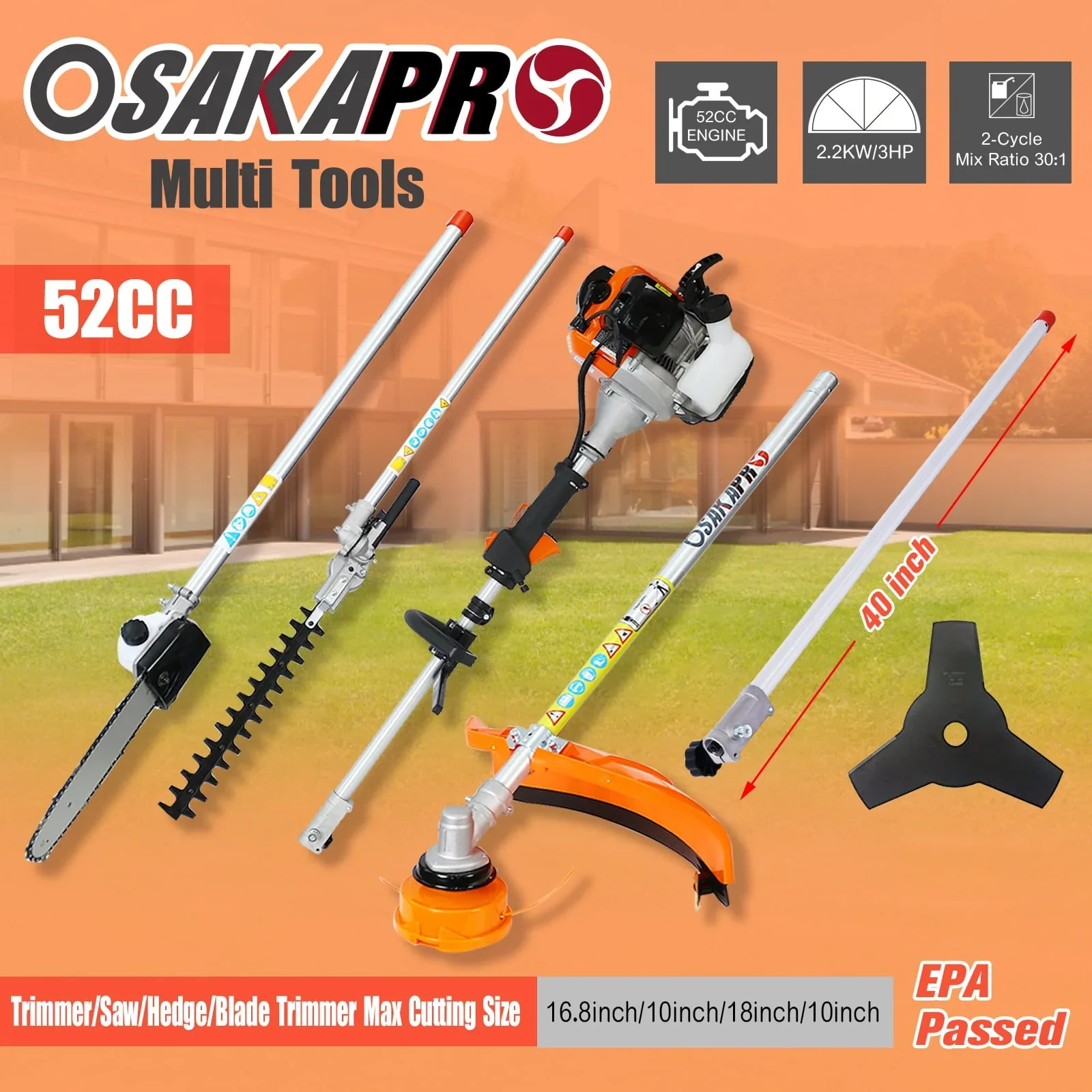 Walkfairy Hedge Trimmer, 12 in 1 Multi-Functional Trimming Tool, 52CC 2-Cycle Garden Tool System with Gas Pole Saw, Hedge Trimmer, Grass Trimmer, and Brush Cutter for Lawn Care (52CC)