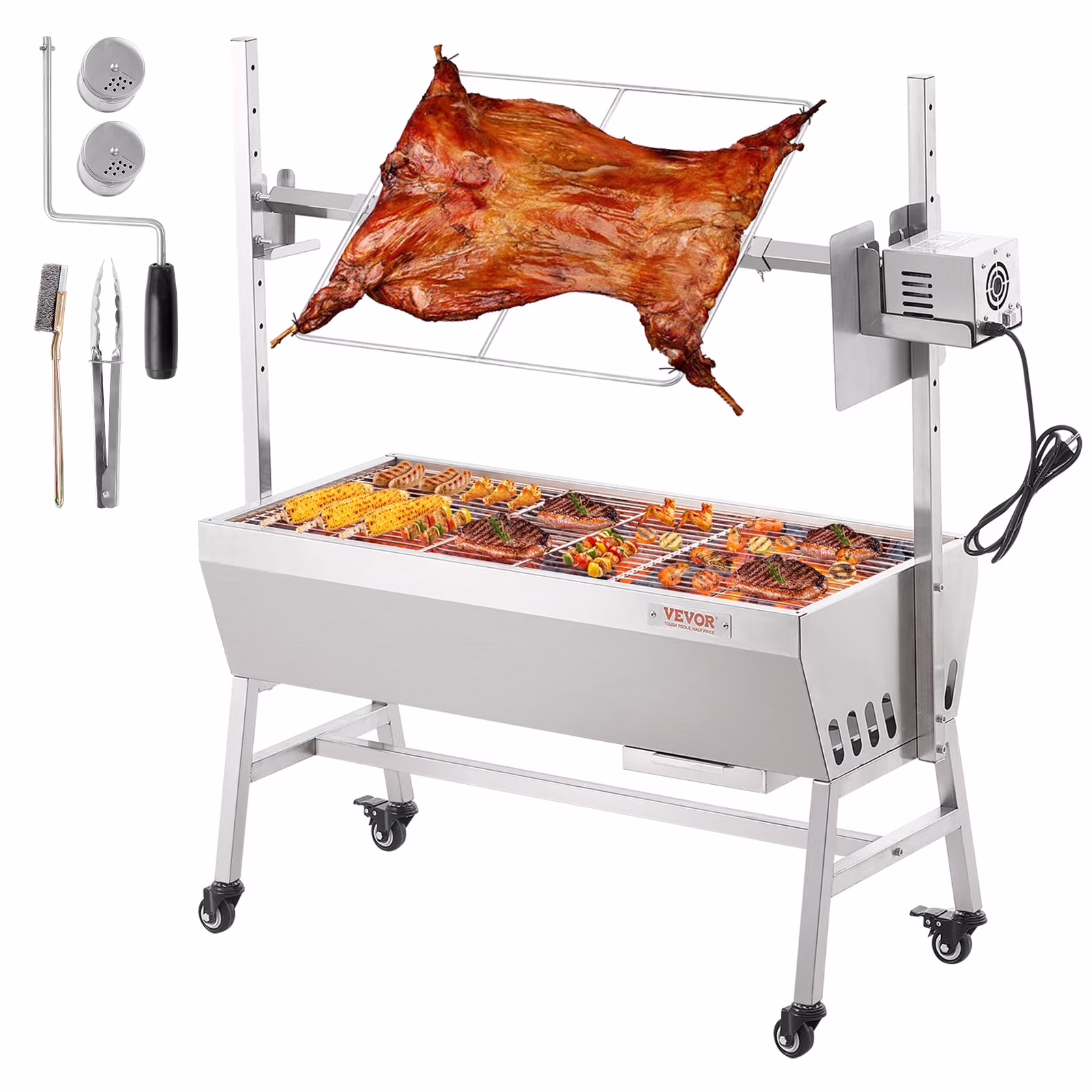 VEVOR Upgrade Rotisserie Grill, 35 in 90 lb Capacity, BBQ Whole Pig Lamb Goat Charcoal Spit Grill, Electric 42W Motor Stainless Steel Rotisserie Roaster with Lockable Wheels, for Camping Outdoor