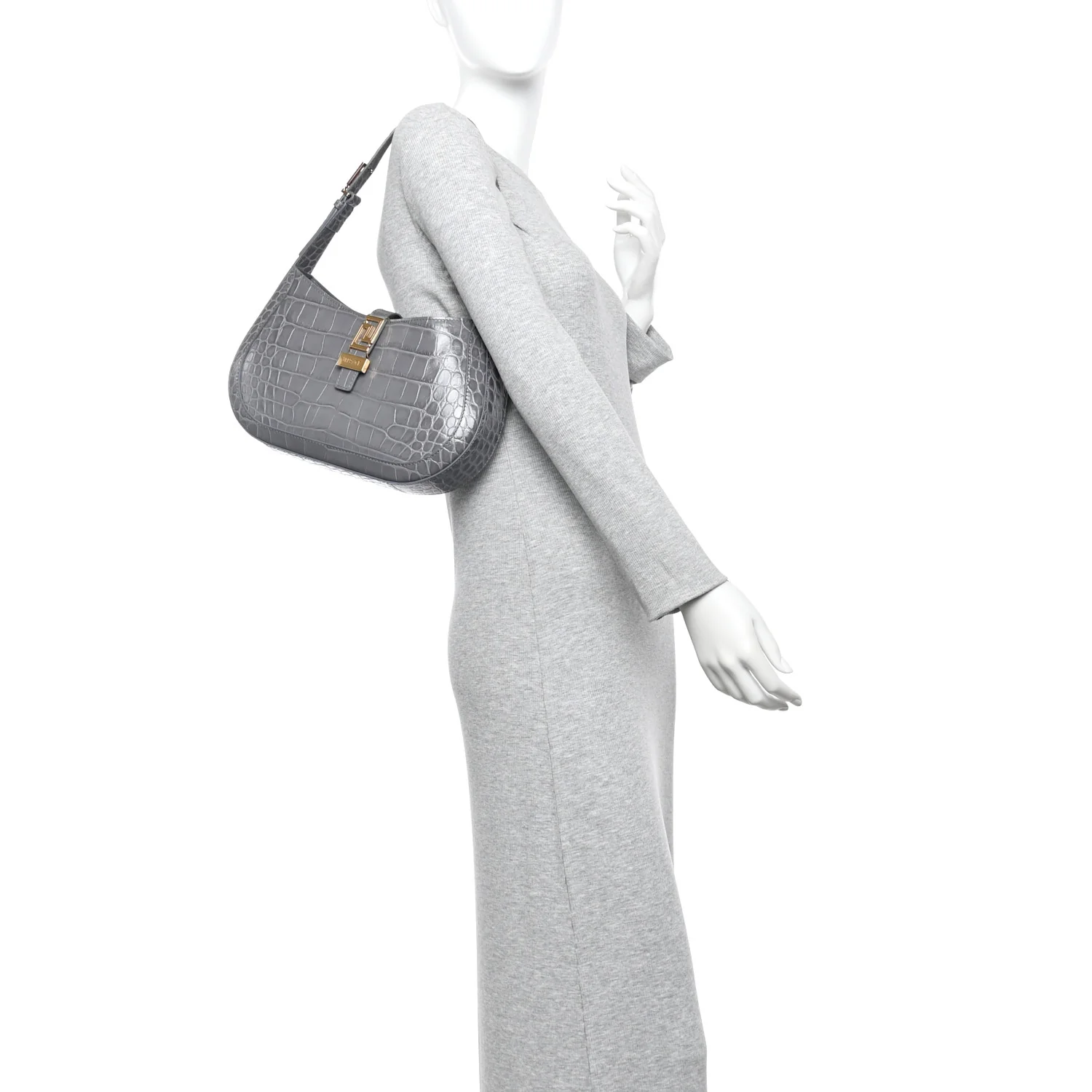 Calfskin Crocodile Embossed Large Greca Goddess Bag Charcoal
