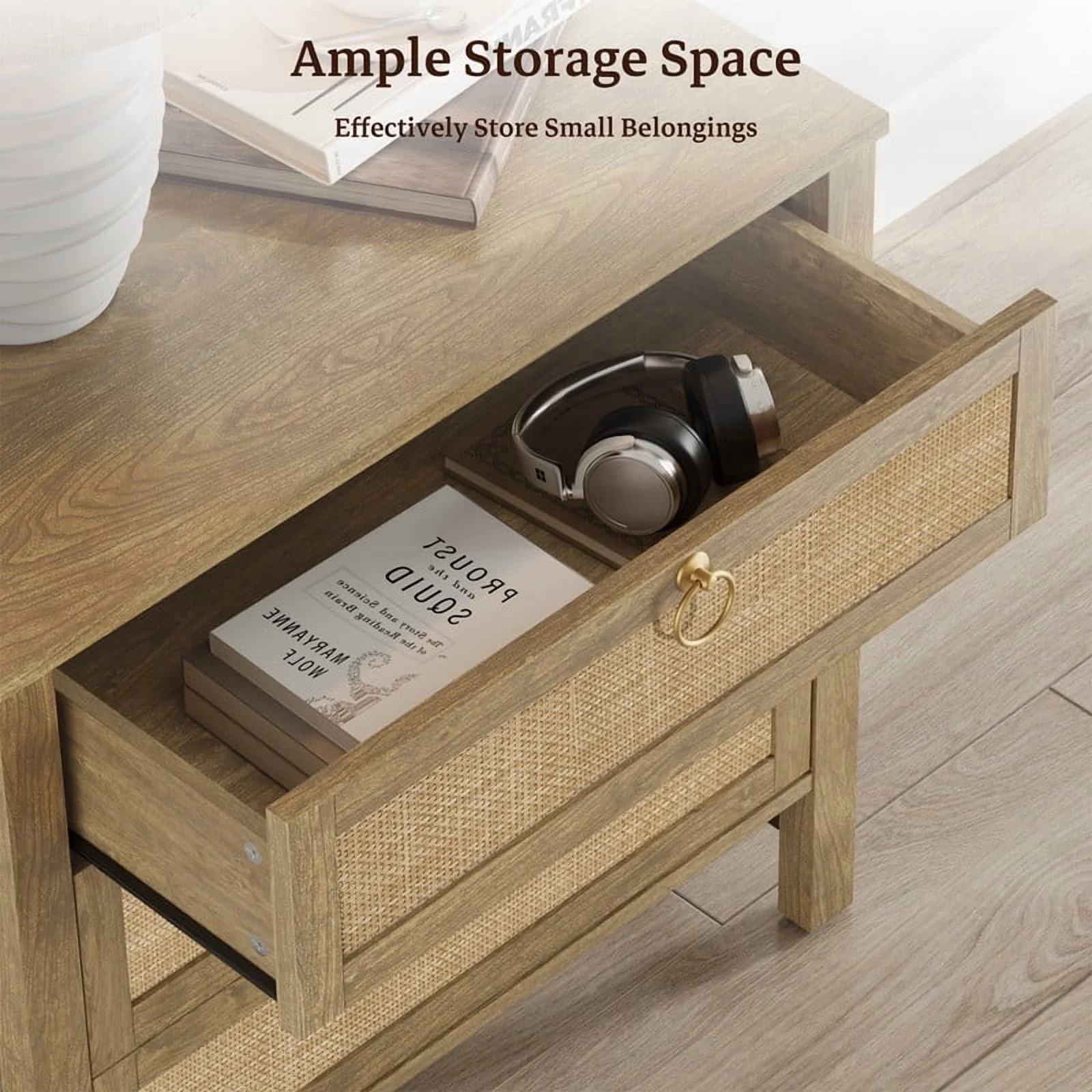 Oak Boho 3-Drawer Nightstand Set of 2 Extra Wide Storage Night Stand with Gold Handles LargeTall Bed Side Table for Bedroom Living Room Enterway(Cherry Oak/Single) - Image 6