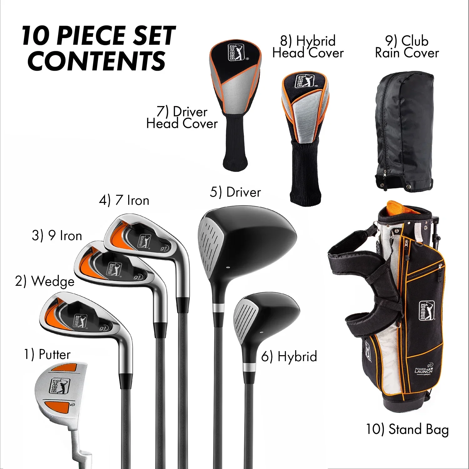 PGA Tour Right-Handed 10 Piece Kids Golf Club Stand Bag Set; Player Height 4'8 - 5'2, Ages 8-12