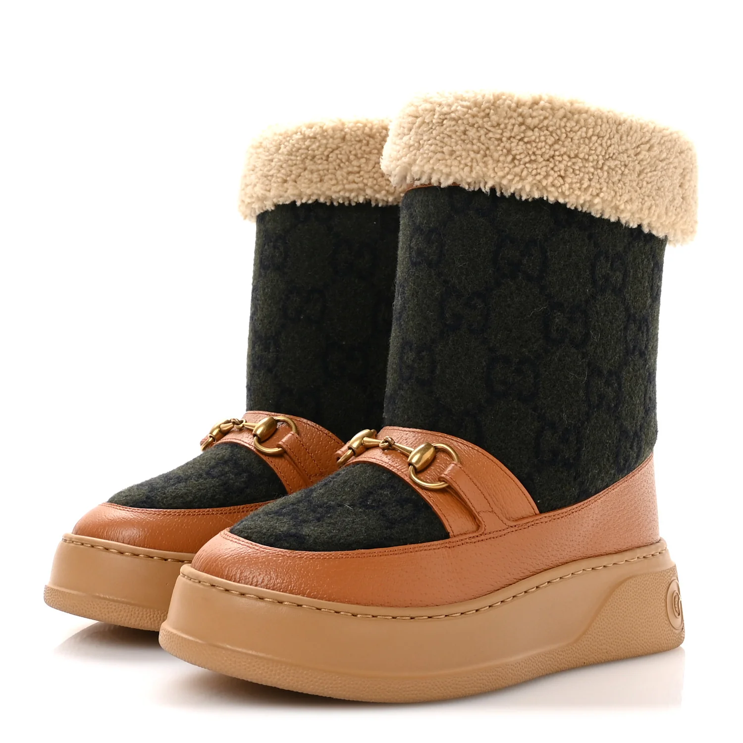 Covered Wool Monogram Textured Dollar Calfskin Shearling Horsebit Snow Boots 37 Underwood Blue Hazel Brown