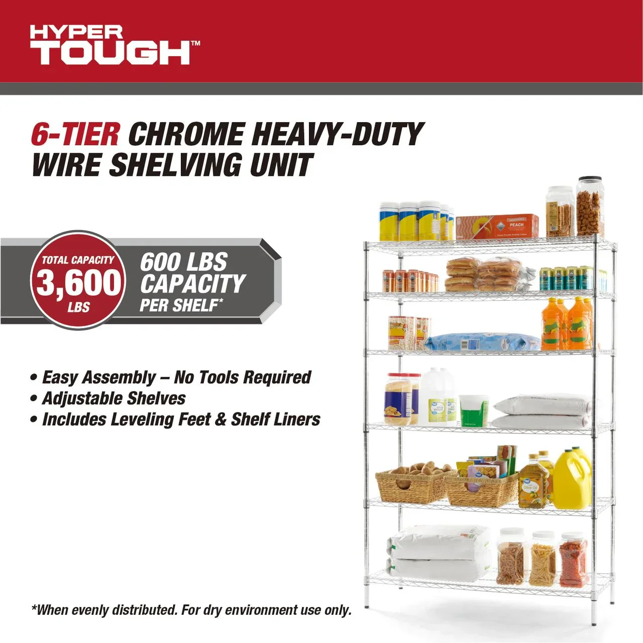 Hyper Tough 6-Tier Wire Storage Shelves with Liners, 48 W x 18 D x 72 H, 3600 lb Load Capacity, Chrome