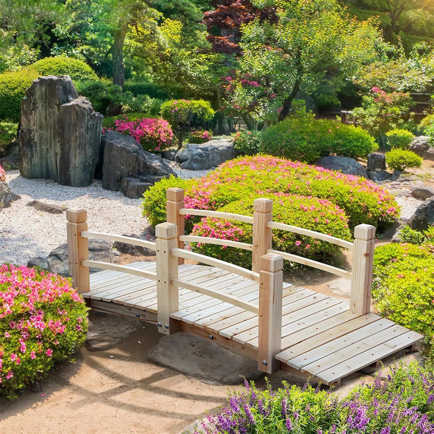 Demi Bonn 5 Ft. Fir Wood Garden Bridge with Side Rails, Arc Footbridge for your Backyard, Brown