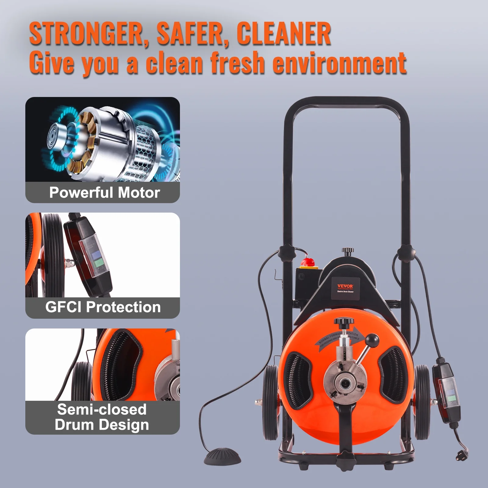Drain Cleaner Machine 100 FT x 1/2 Inch, Sewer Auger Auto Feed with 4 Cutter Air-activated Foot Switch for 1" to 4" Pipes, Orange, Black - Image 6