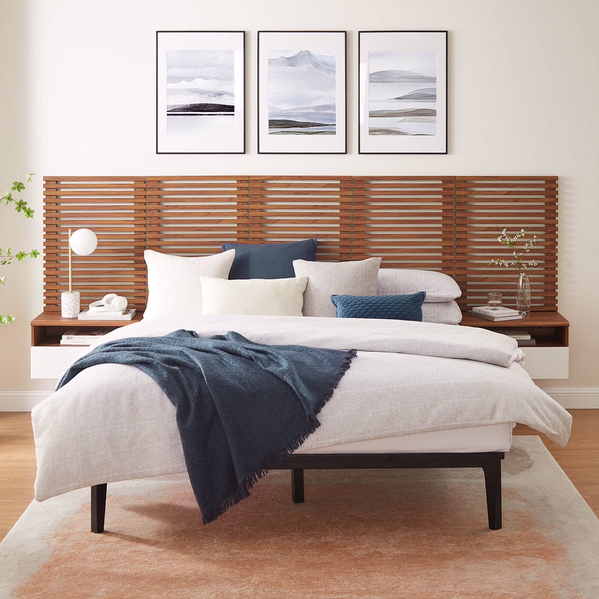 Render Wall Mount Queen Headboard and Modern Nightstands in Walnut(Queen/Brown) - Image 3