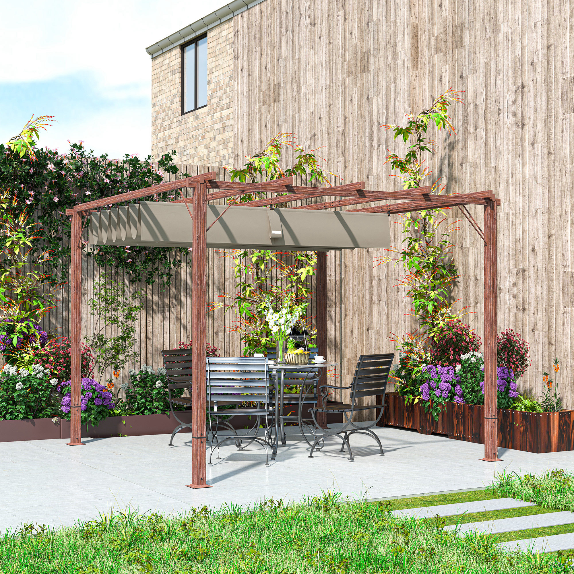 Outsunny 3 x 3 m Tuin-Pergola, Verstelbaar Terrasdak, Aluminium Frame, UPF30+ Zonbescherming, Natuurlijk Hout