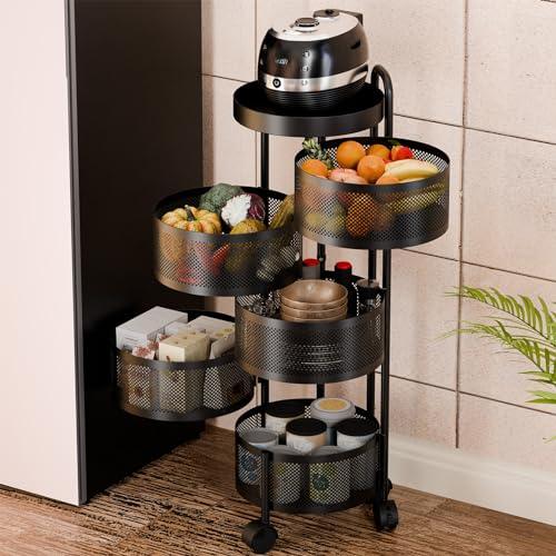 Rotating Storage Shelves Rack For Kitchen, 5-Tier Multi Layer Removable Basket Shelf Organizer On Rolling Wheels For Fruit Vegetable Grocery