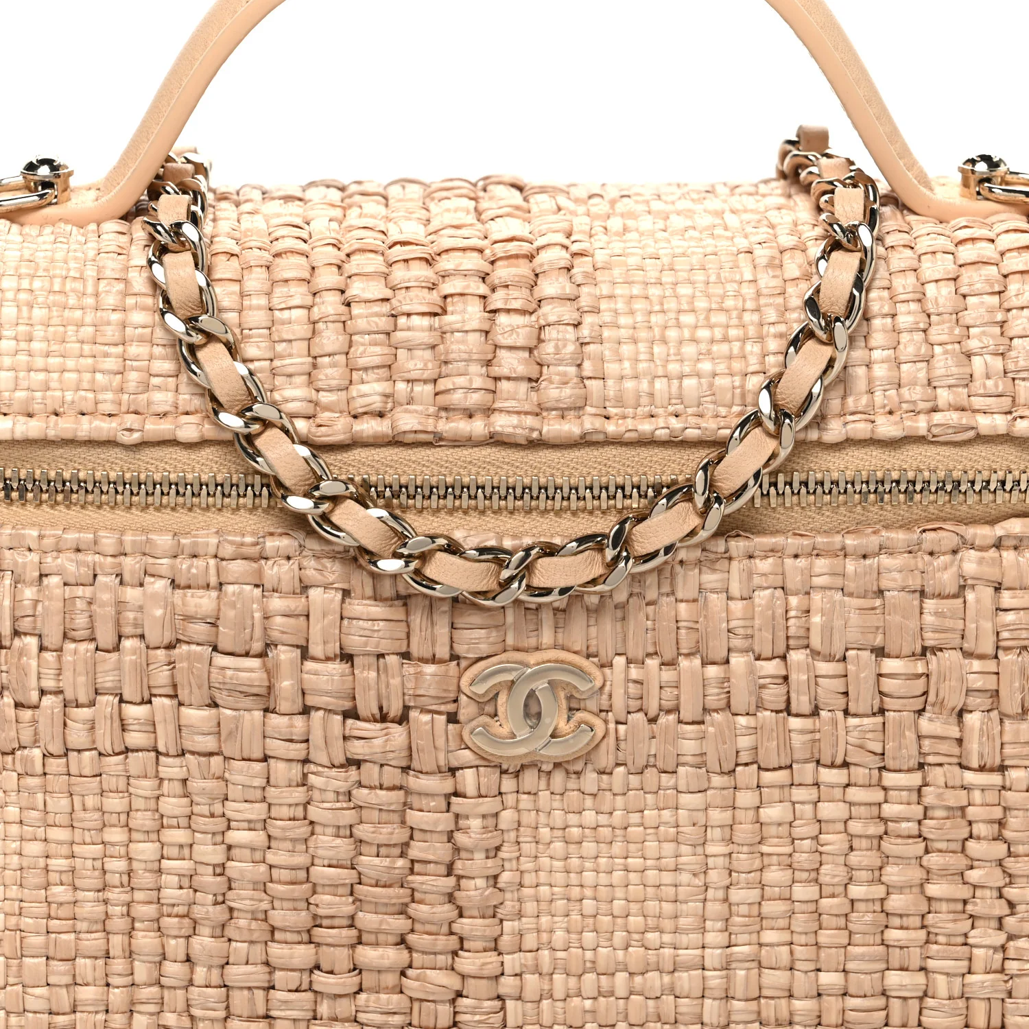 Braided Raffia Quilted Top Handle Slim Vanity Case With Chain Beige