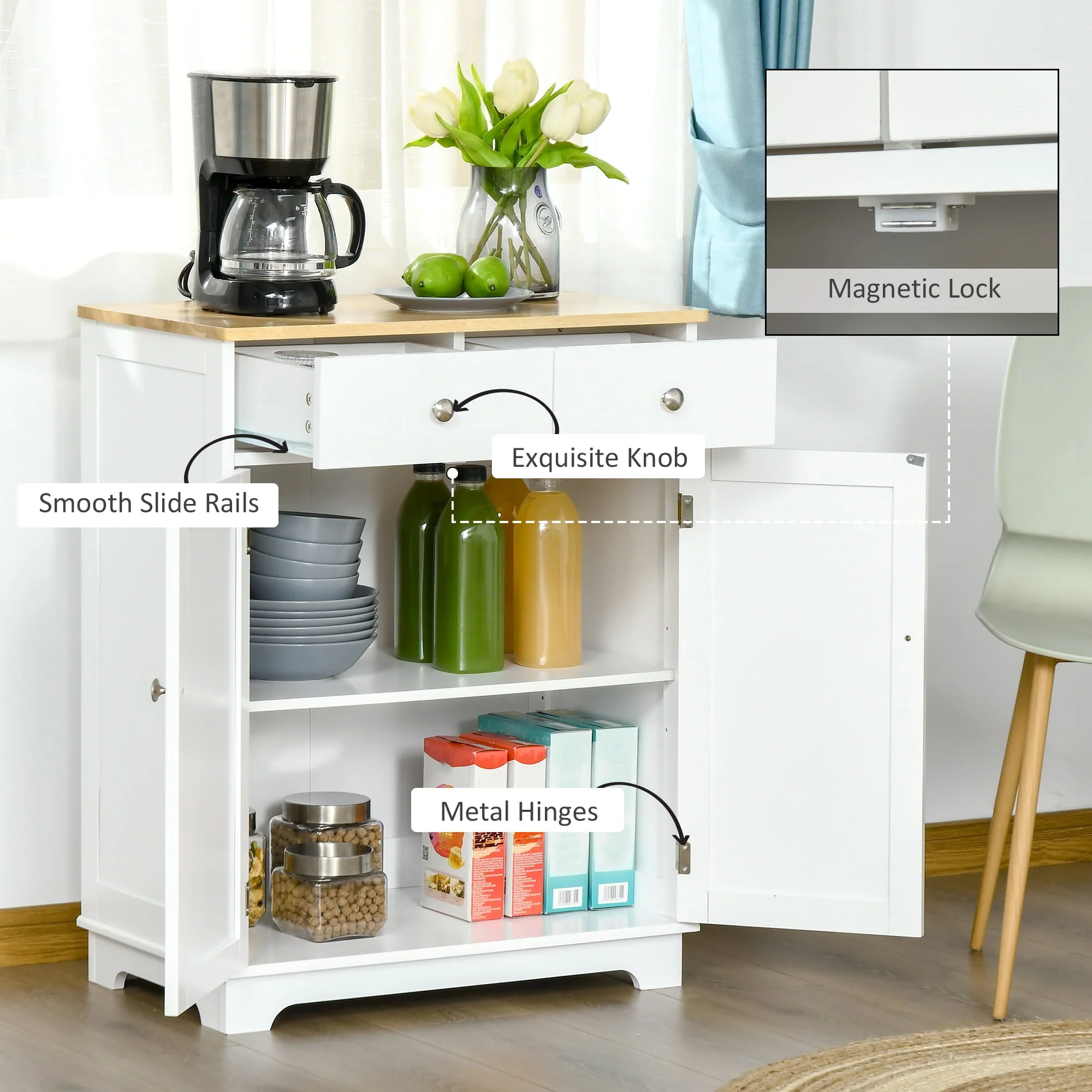 HOMCOM Space Saving Kitchen Sideboard with Functional Storage Cabinet with Adjustable Shelf for Kitchen/Living Room, White(Black)