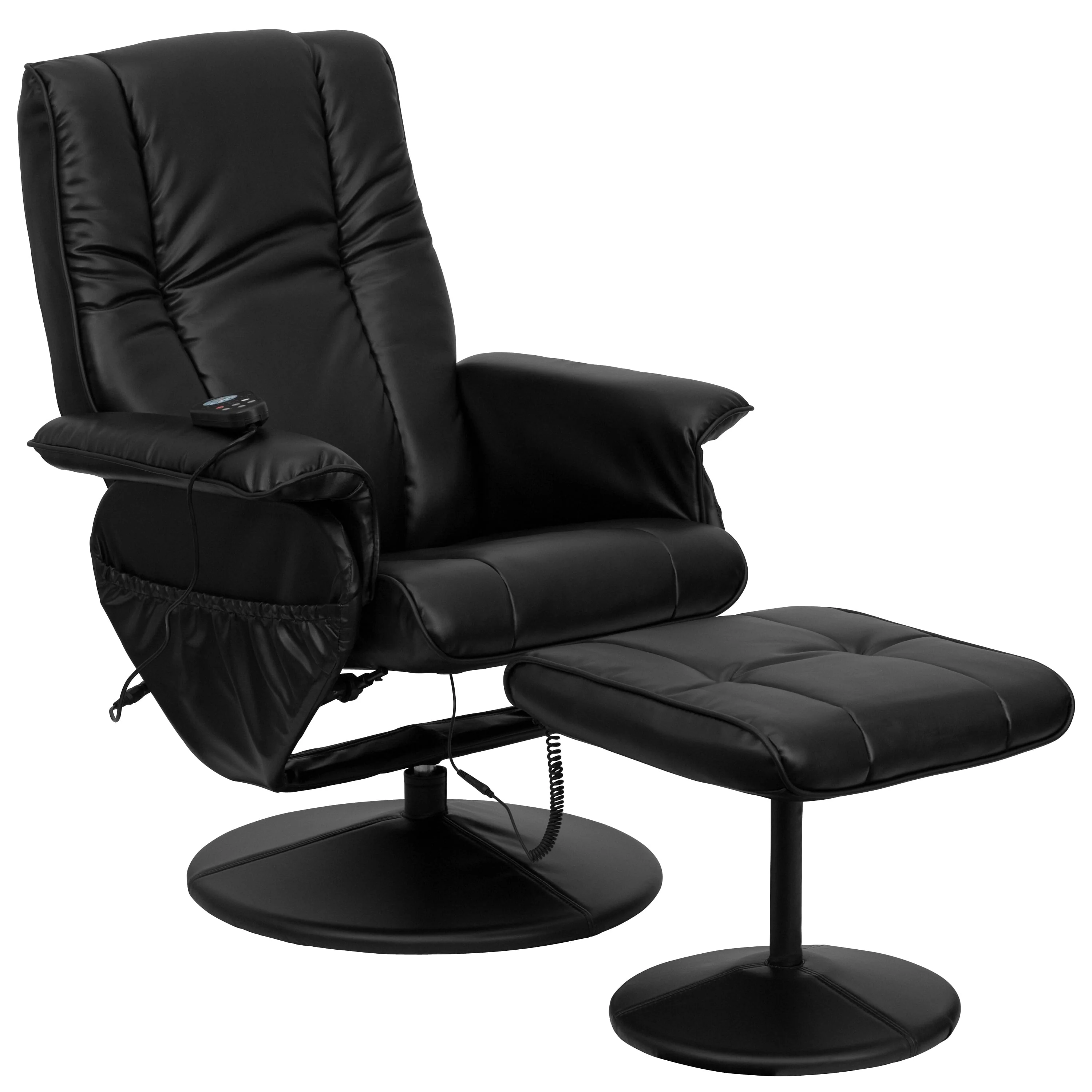 Bizchair Massaging Heat Controlled Adjustable Recliner and Ottoman with Wrapped Base in Black Leathersoft