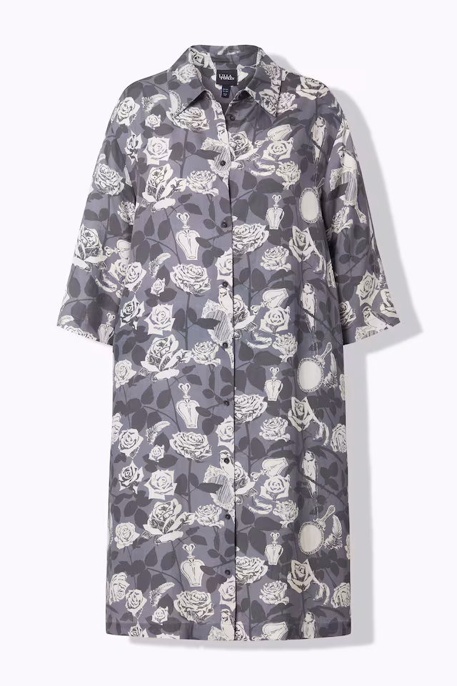 Rose Print 3/4 Sleeve Button Down Shirt Dress