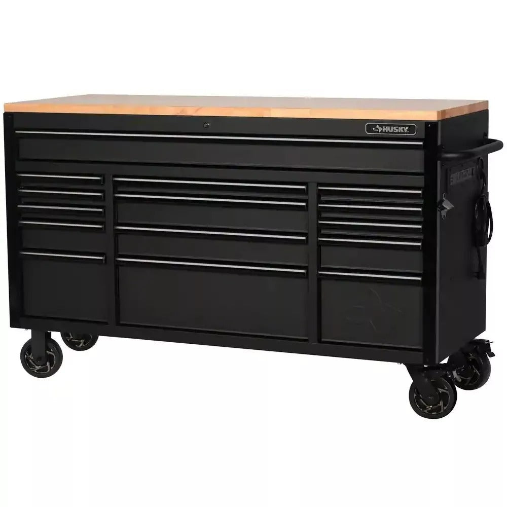 Établi mobile robuste à 15 tiroirs (155 cm L x 58 cm P) avec plateau en bois massif