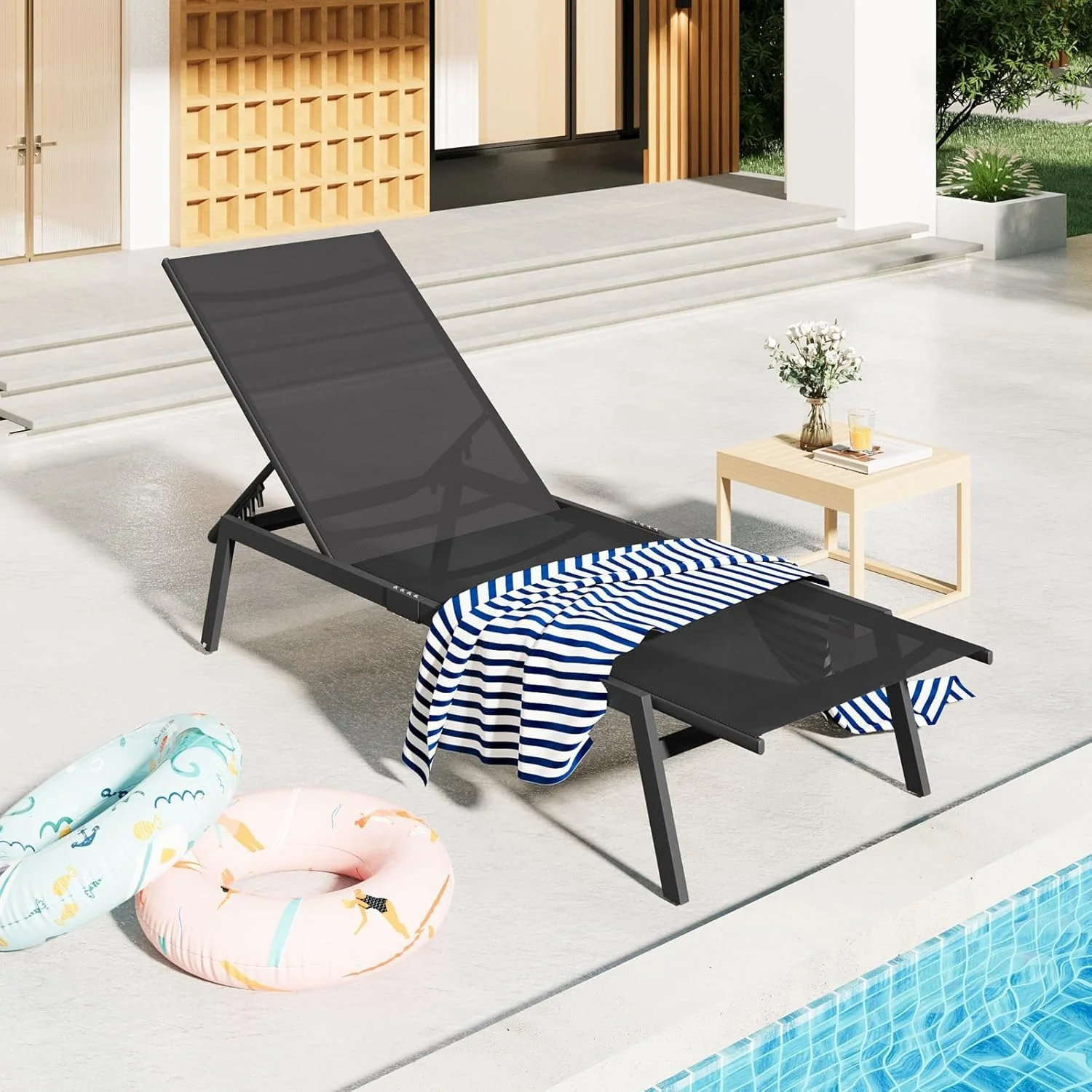 AECOJOY Patio Lounge Chairs for Outside, Outdoor Chaise Lounge with Wheels, Black, 4PCS