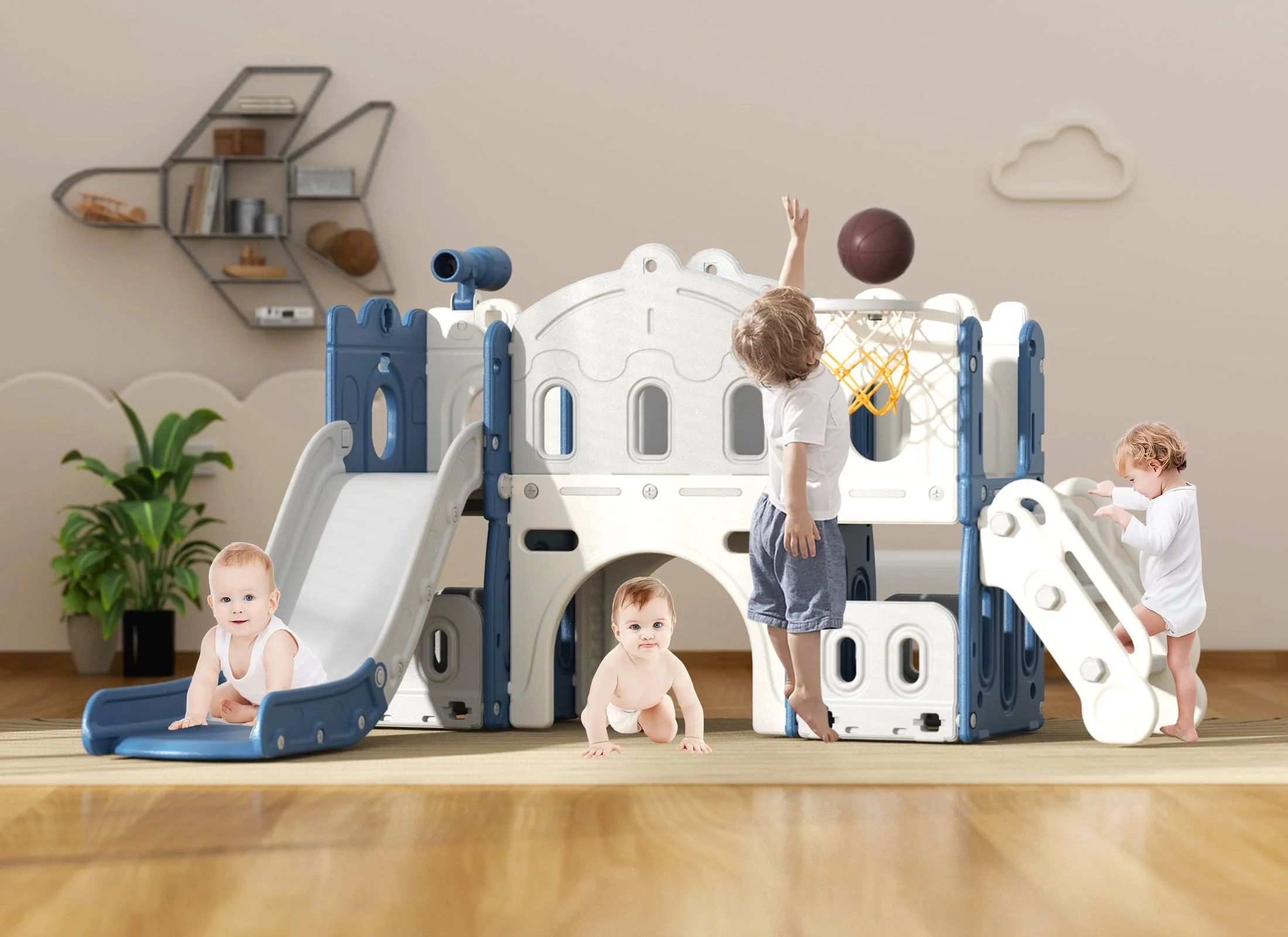 KORIMEFA 8 in 1 Kids Slide Set with Climber, Toddler Climber Slide Play Set with Basketball Hoop, Tunnel, Toddler Playground Outdoor Indoor layground Slide Playset Age 1+ Image 5