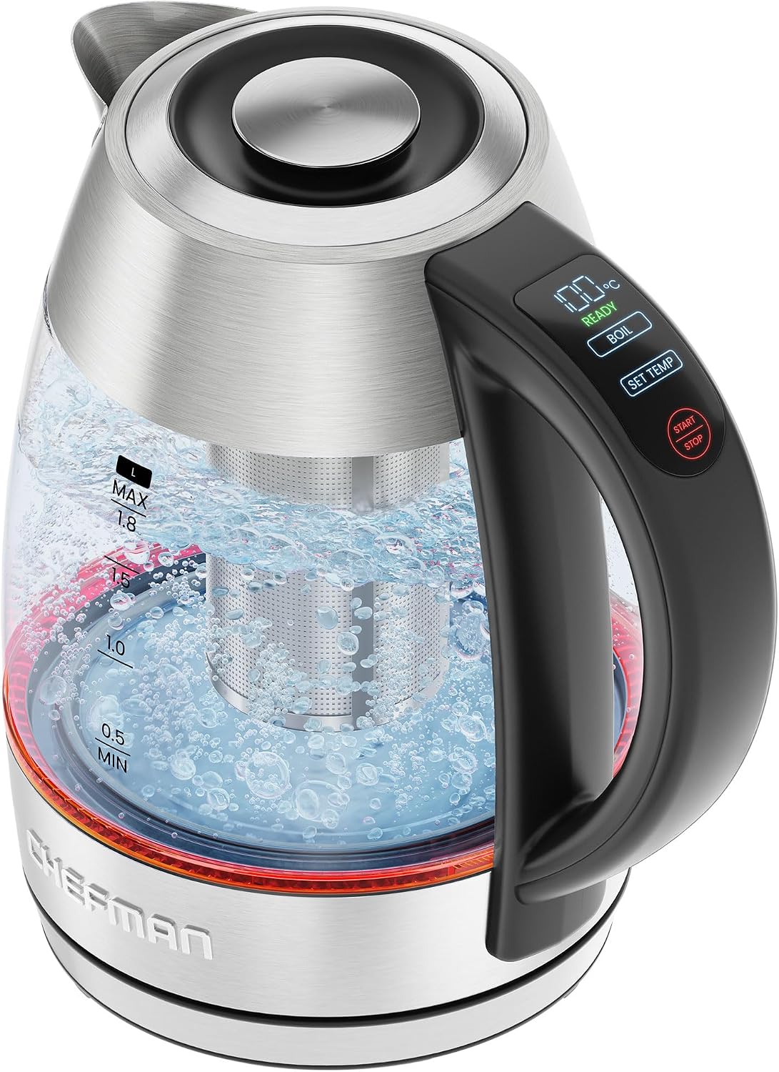 CHEFMAN Lightning High-Powered Electric Kettle, 1.8L 1750W, Rapid Boil 2 Cups in 2 Minutes, BPA Free Cordless Tea Kettle with Digital Temperature Control and 1-Hour Keep Warm – Stainless Steel