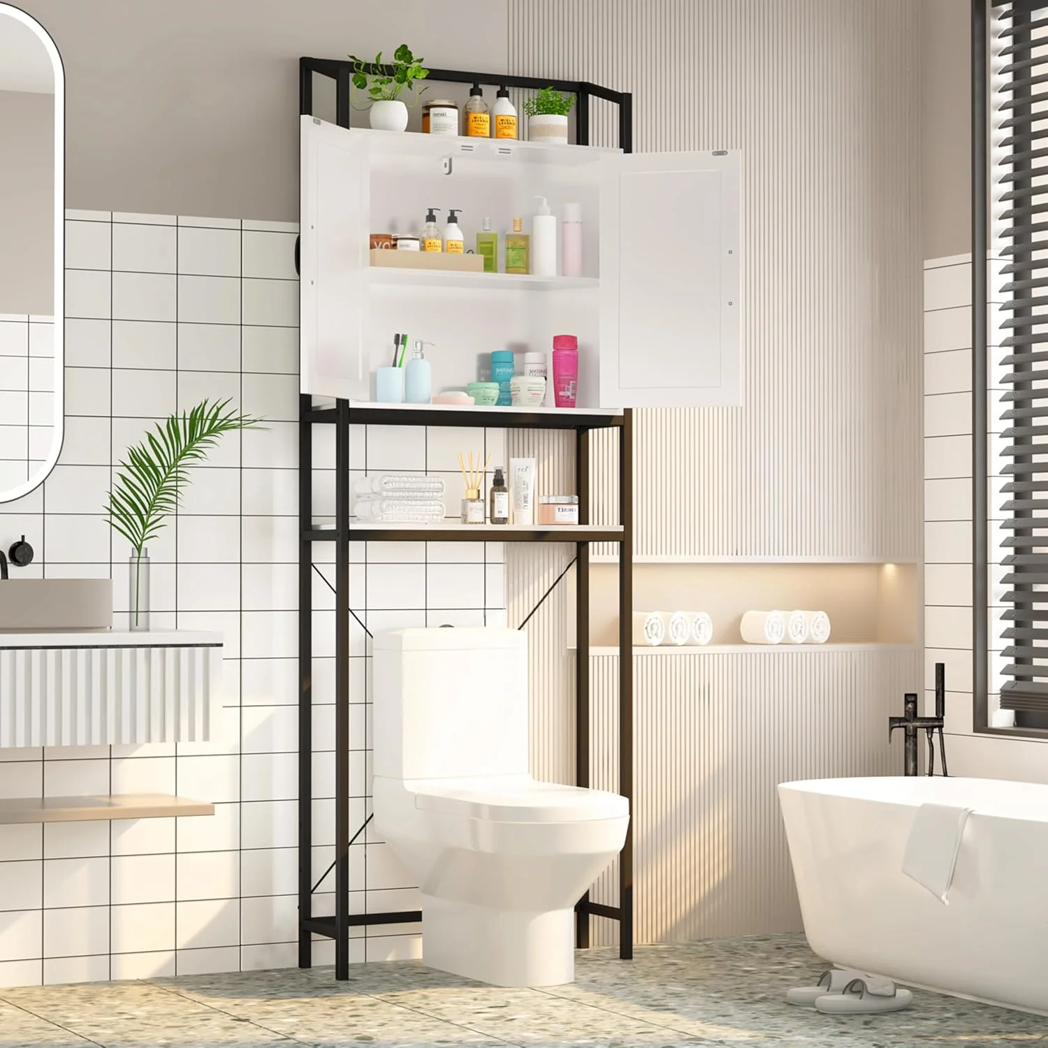Over The Toilet Storage Cabinet, Bathroom Space Saving Toilet Shelf with 2 Doors and 3 Adjustable Shelf, White - Image 4