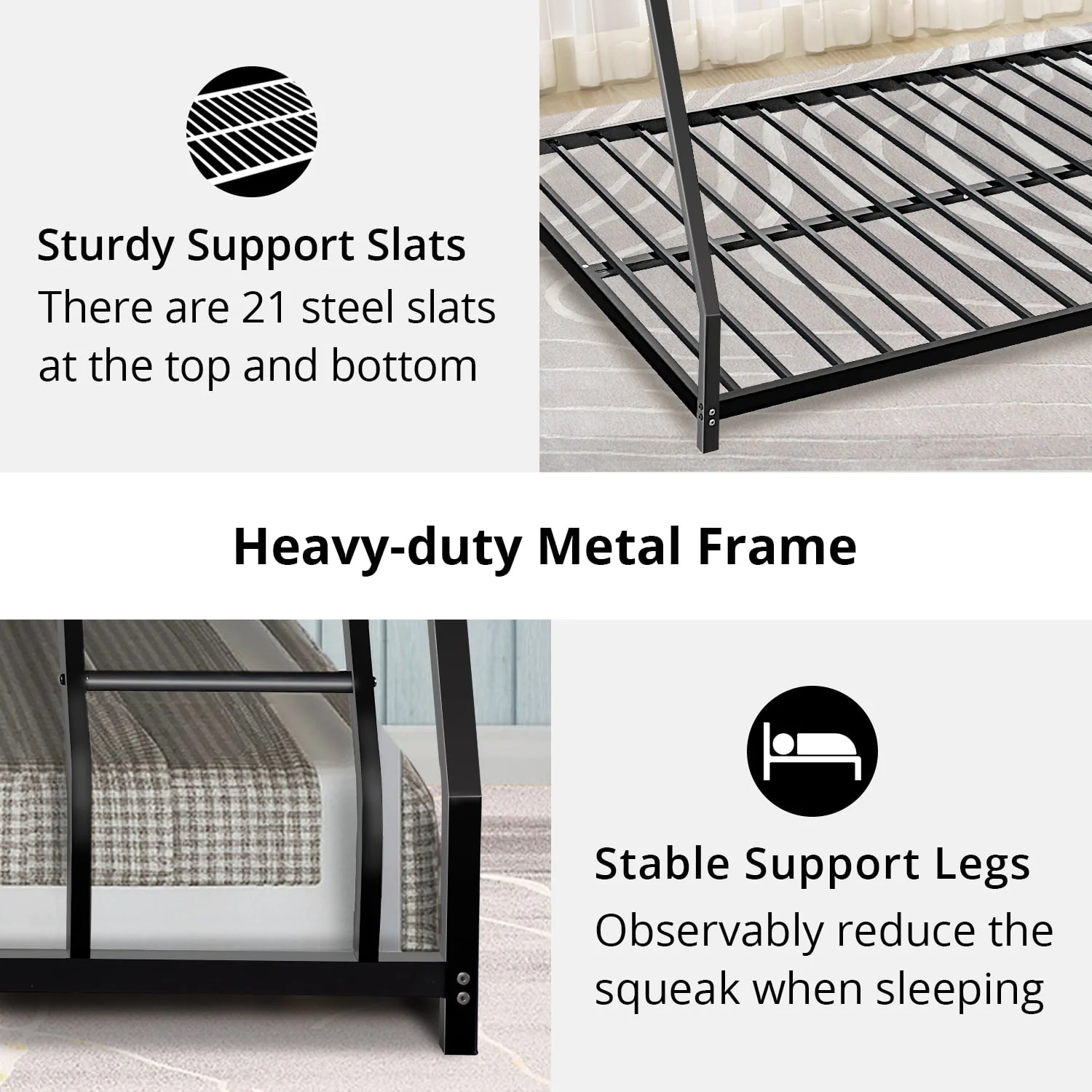Twin over Full Bunk Bed, Metal Bunk Bed Frame, Noise Free Floor Bunk Beds with Guardrails Ladder for Kids Teens Adults, No Box Spring Needed, Black - Image 3