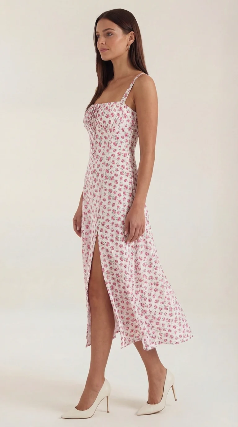 Robe midi fleurie pour femmes, idéale pour les invitées de mariage