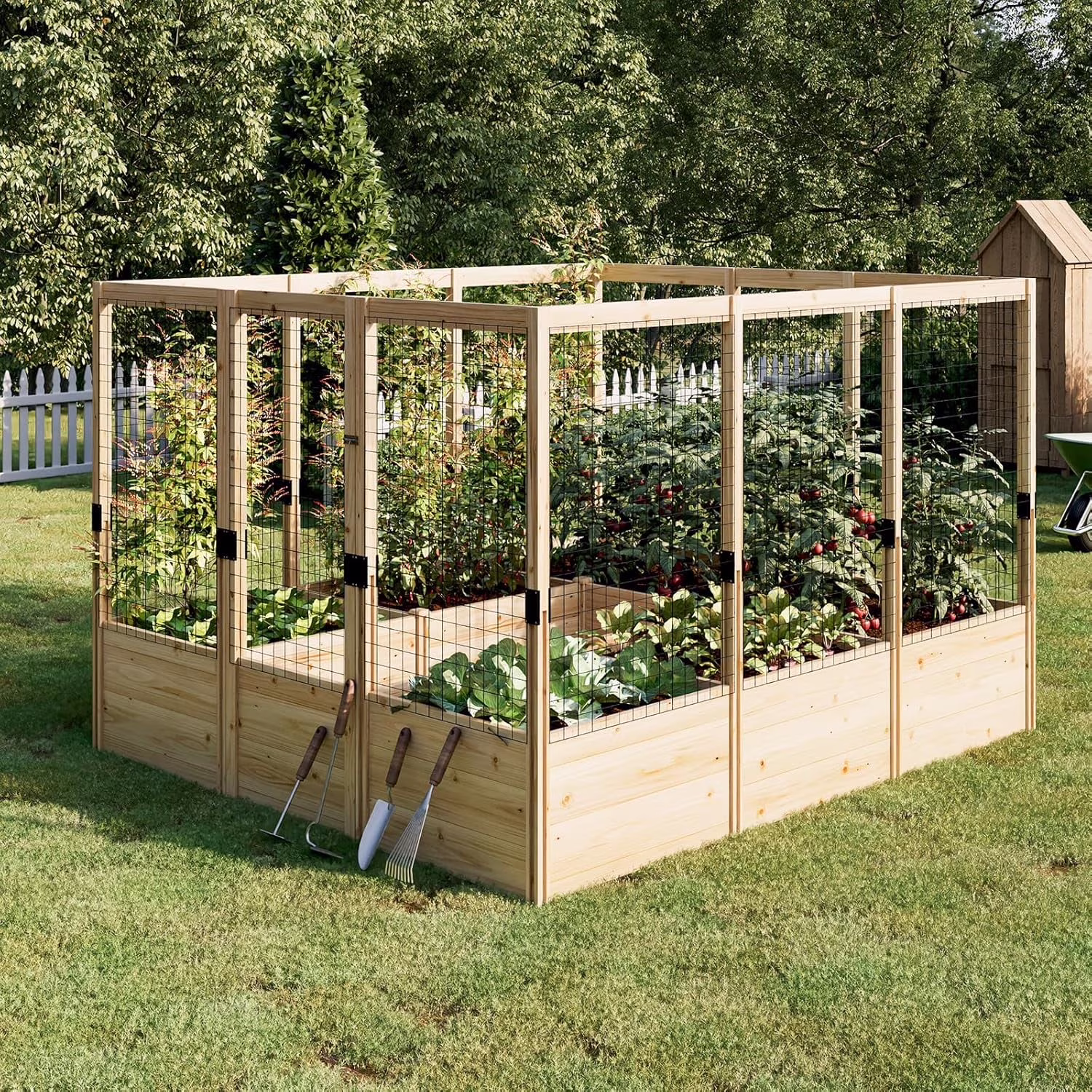 Jocisland Wooden Raised Garden Bed for Outdoor, Deep Large Planter Box with Netting for Gardening, Vegetables, Herbs��8��9��6 ft��