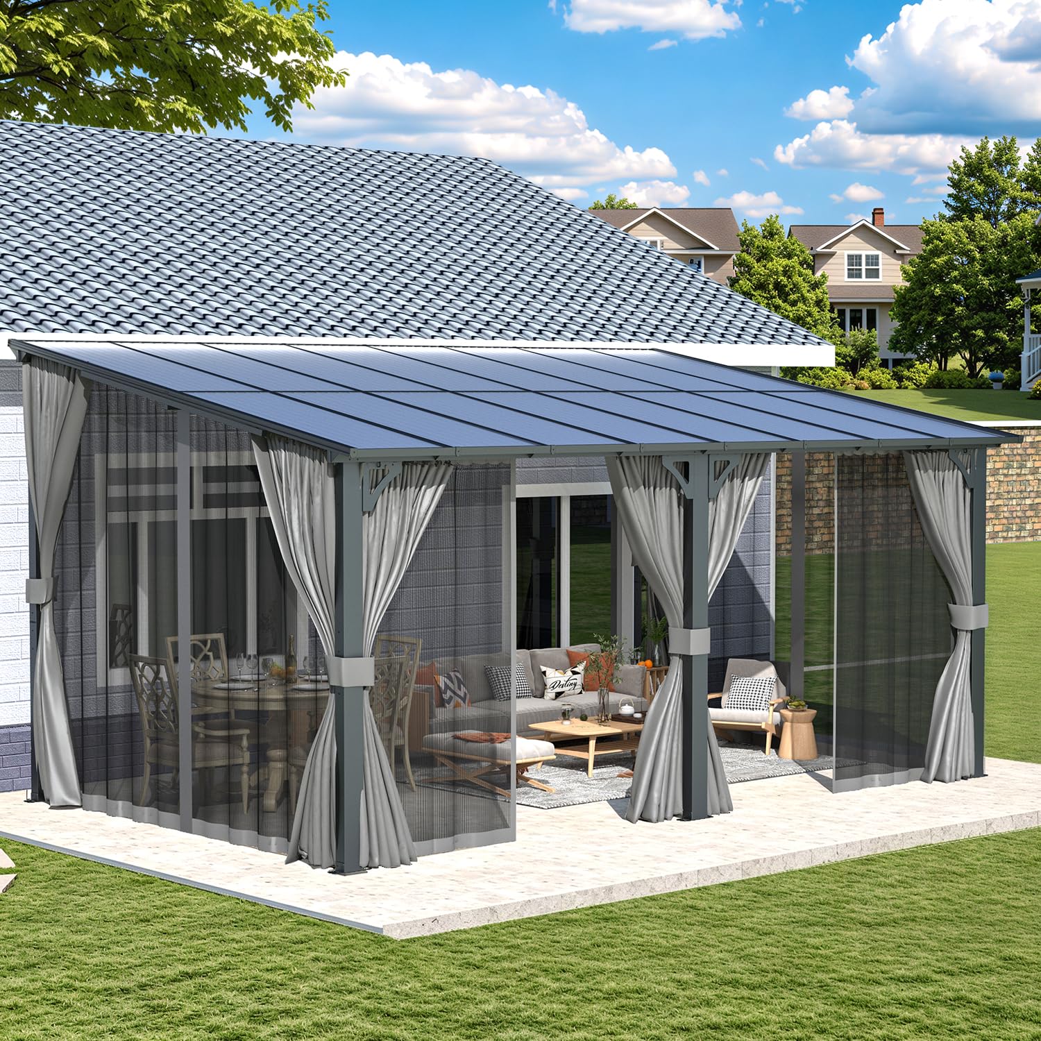 AECOJOY 16'x10' Wall Gazebo with Curtains and Mosquito Netting, Gray