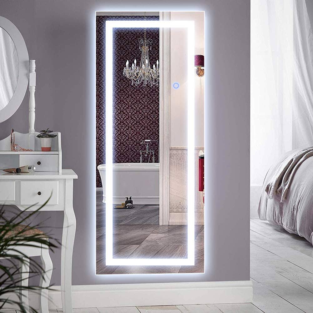 QiMH Vertical 47x22 inch Wall Mounted LED Lighted Vanity Mirror with Aluminum Frame Backlit Bedroom and Bathroom Hanging Rectang