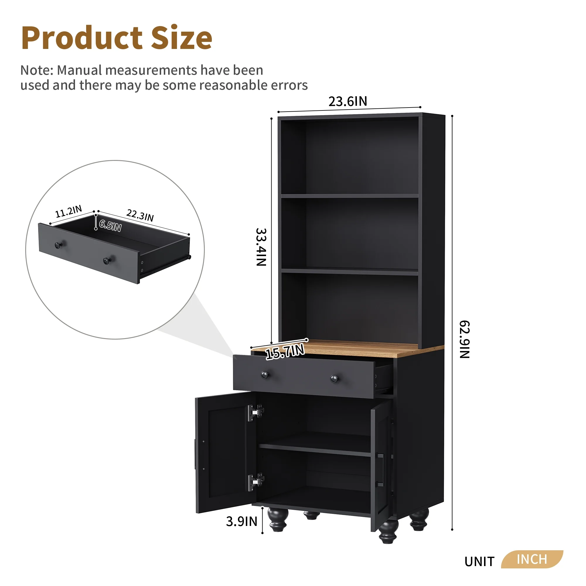 Kitchen Pantry Storage Cabinet, Farmhouse Kitchen Hutch Cabinet with Adjustable Shelves and Drawers, Gourd-shaped Legs, 5 Tier Floor Book Shelf for Study Room(Black + Dark Walnut) - Image 6