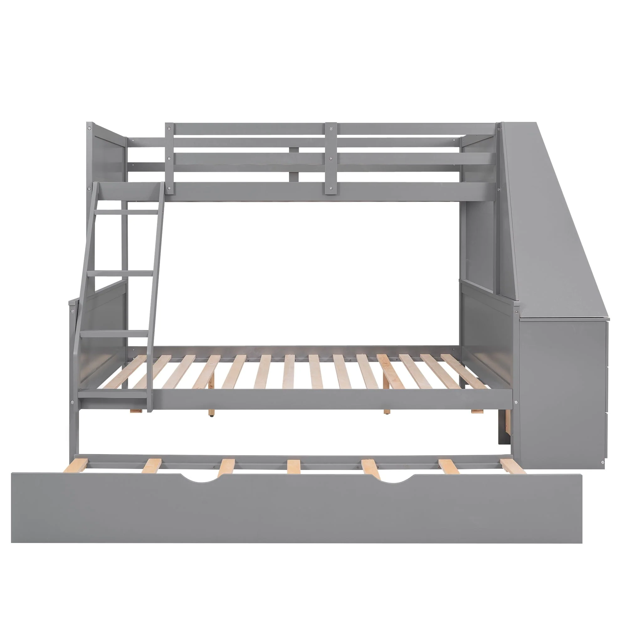 Twin over Full Bunk Bed with Trundle, Built-in Desk with Bookcase and 3 Drawers for Kids, Gray - Image 7