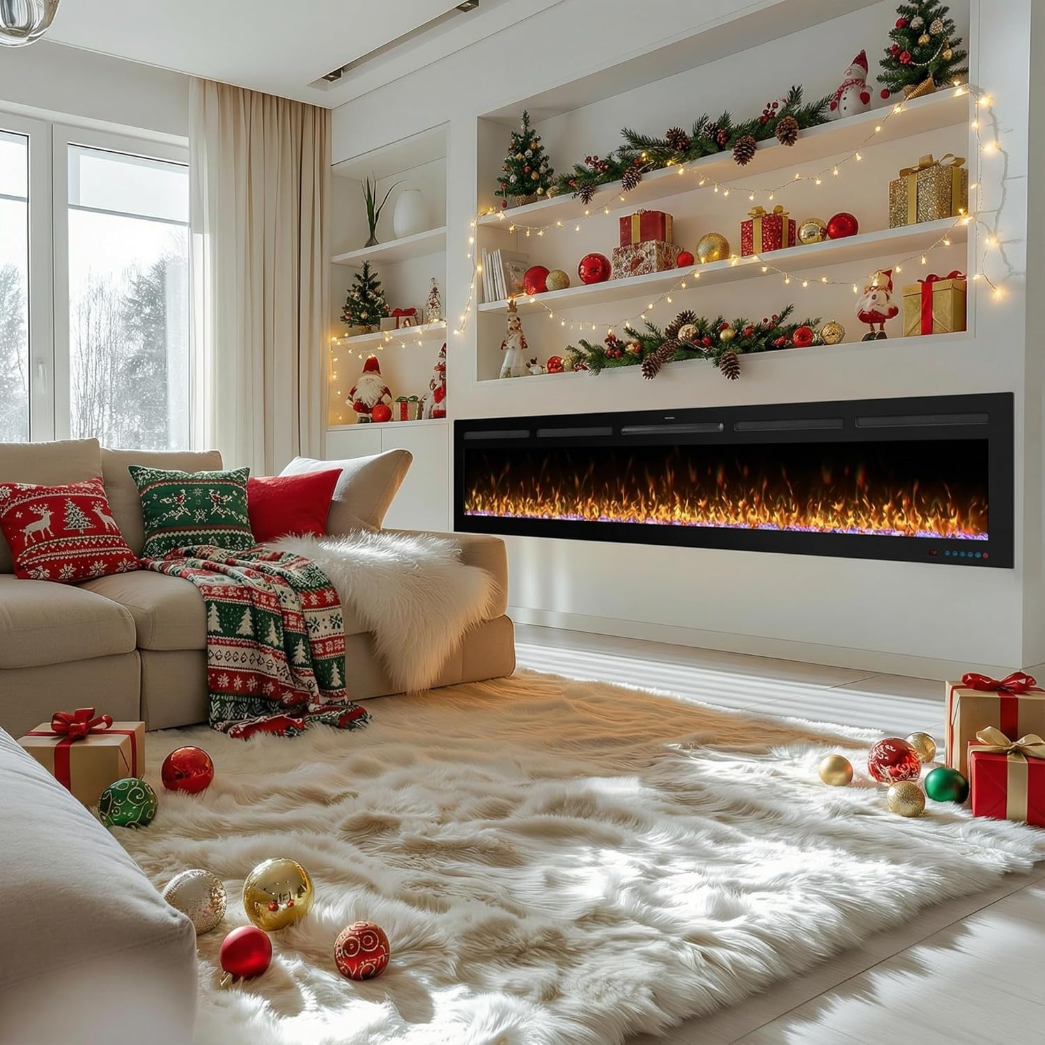 72 Inch WiFi Electric Fireplace Heater with Sound, Wall Mounted, Recessed or Free‑Standing, 750/1500W, 13 Flame & Fuel Bed Colors, Dimmable, Remote & App Control, Alexa & Google Home