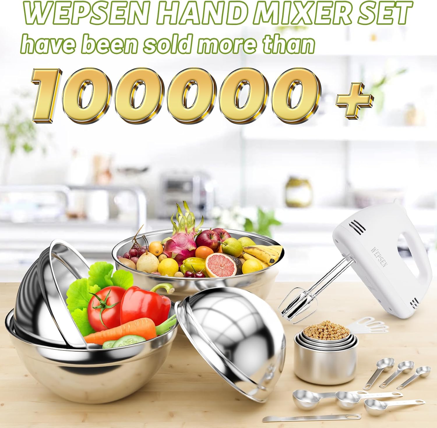 WEPSEN Hand Mixer Electric Mixing Bowls Set, 5 Speeds Handheld Mixer with 4 Nesting Stainless Steel Mixing Bowls, Measuring Cups Spoons 200W Kitchen Blender Whisk Beater Baking Supplies For Beginner