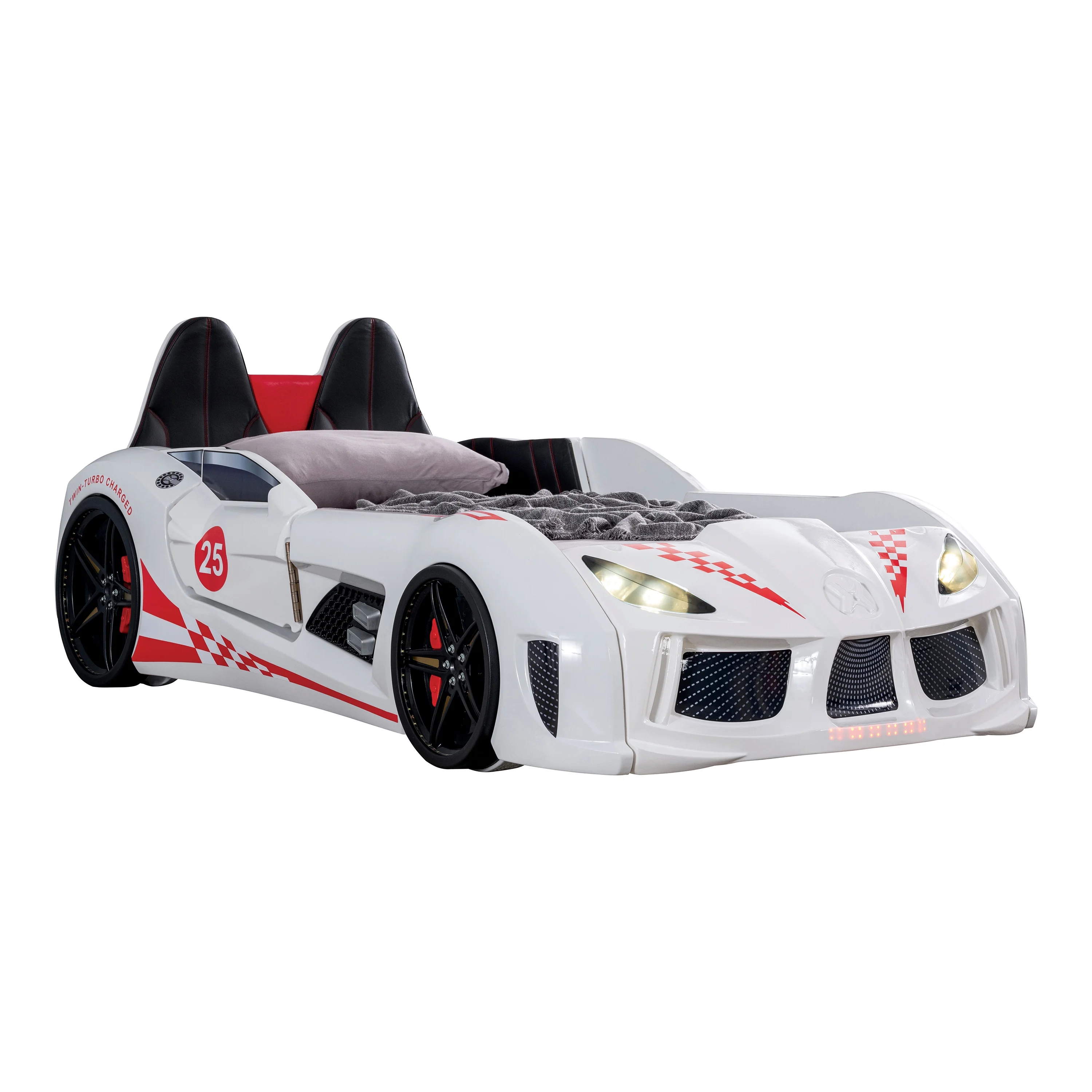 Dash Kids Plastic Twin Race Car Bed with LED and Sound, White(White) - Image 4