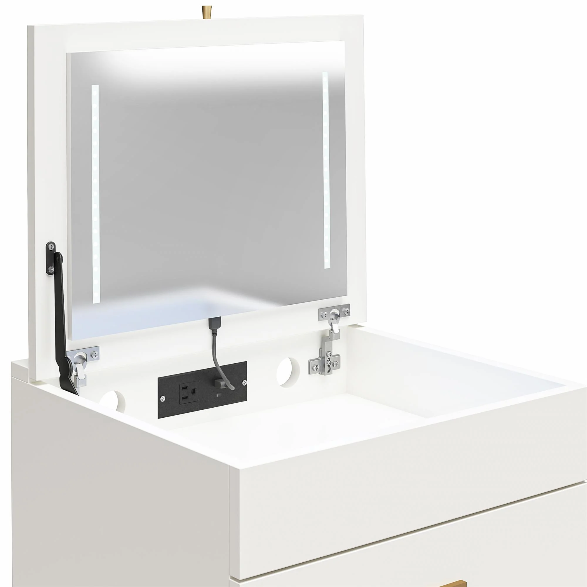 Compact 3-in-1 Vanity Set, Makeup Storage Desk Stool, Mirror w/ LED lights USB Charging Station, White - Image 9