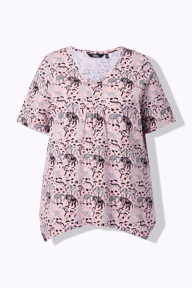 Half-sleeve A-line V-neck pointed hem animal pattern T-shirt