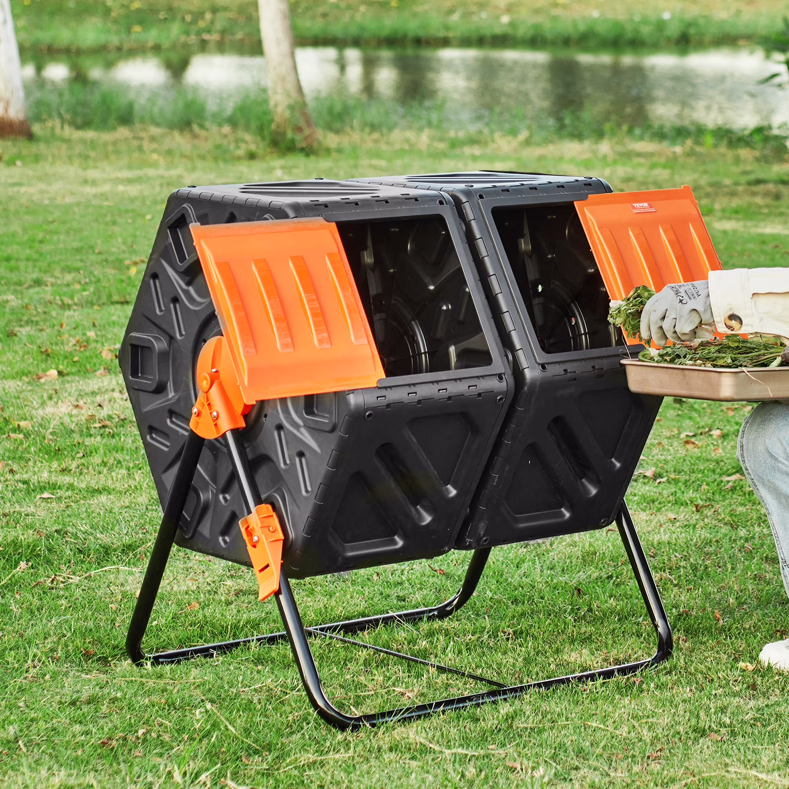 KFFKFF Compost Bin, 37-Gal Capacity, Dual Chamber Design, with Two Sliding Doors and a Sturdy Steel Frame, BPA-Free, Ideal for Garden, Kitchen, Yard, Outdoor Use