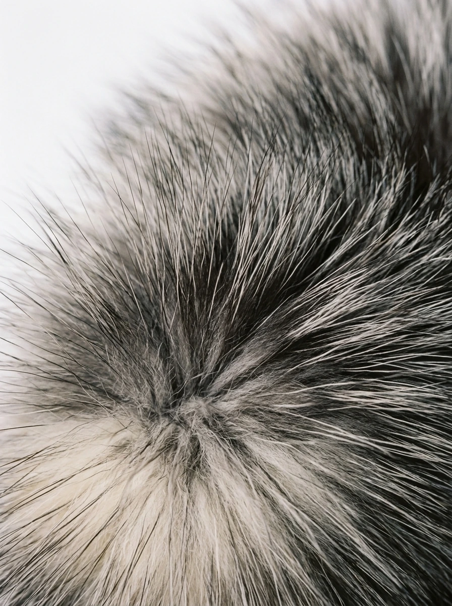 Close-up of charcoal gray faux fur with silver-toned strands and dark tips