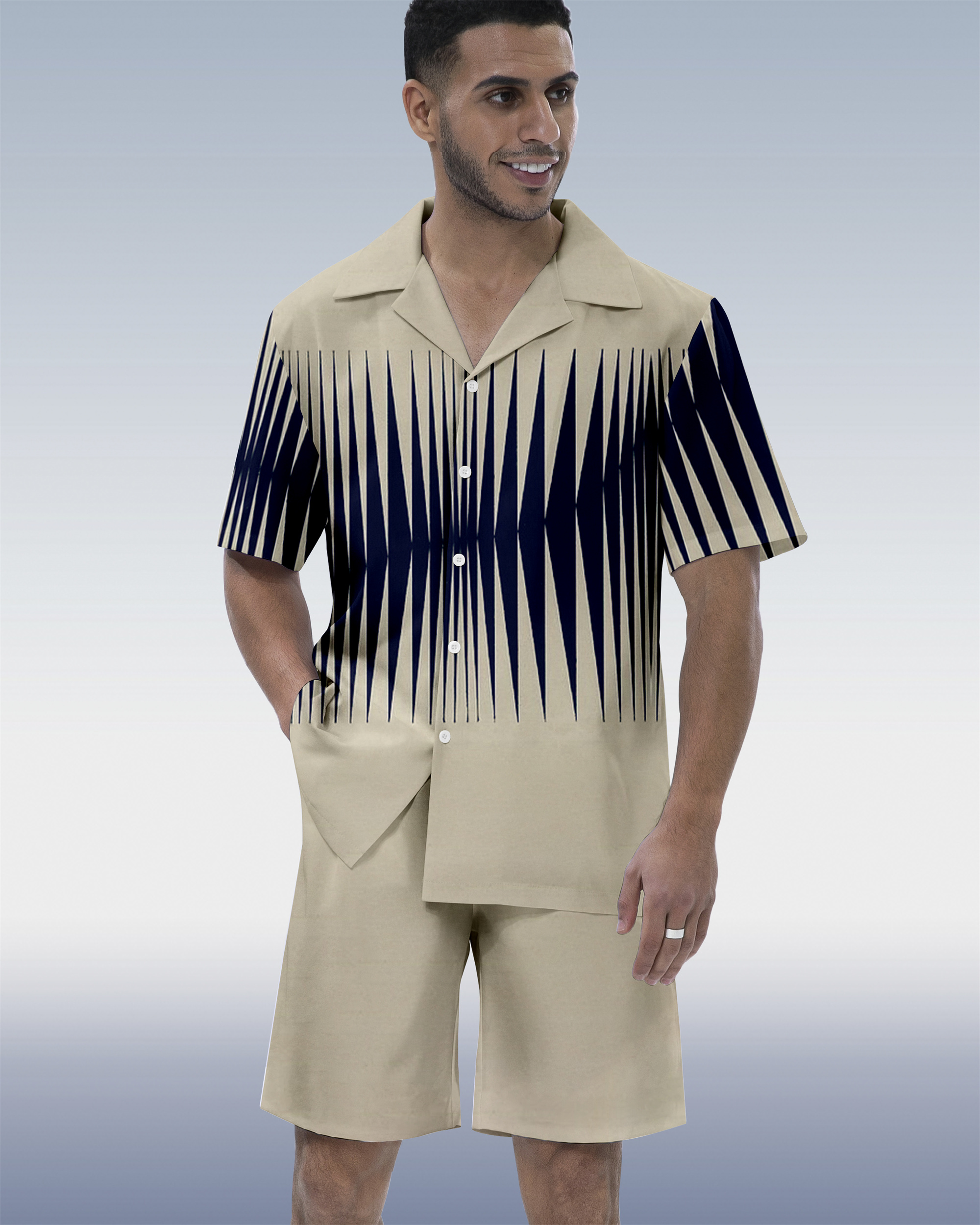 Ensemble chemise homme à manches courtes, col cubain hawaïen géométrique colorblock 0202