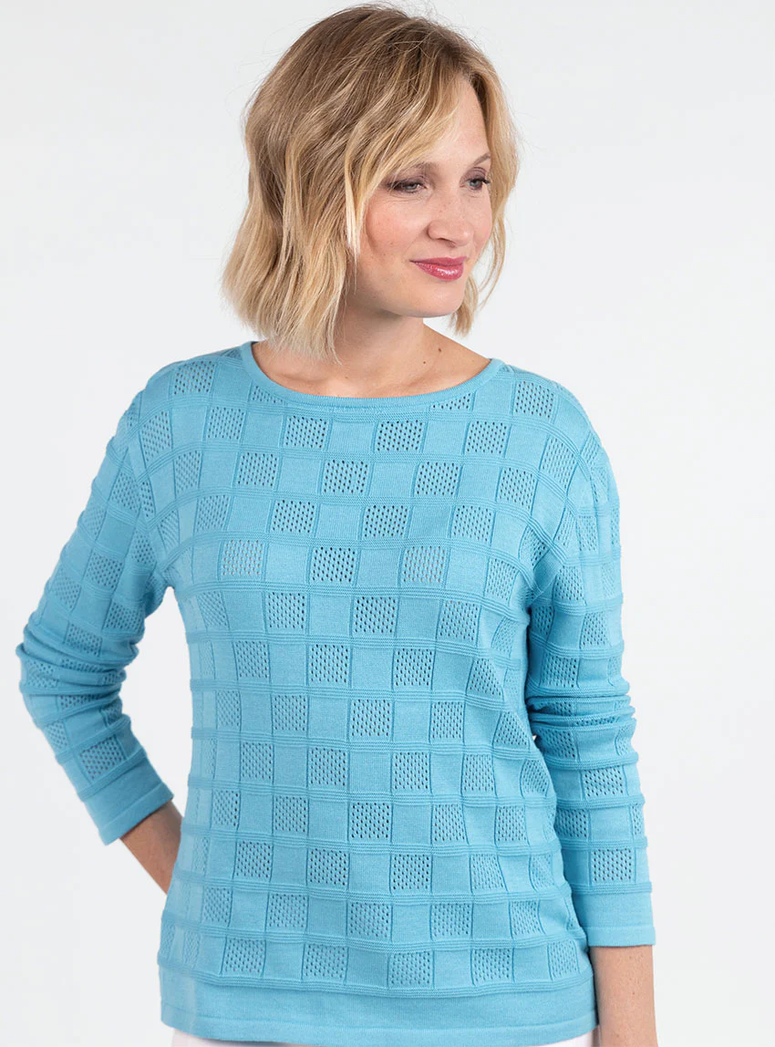 Pull femme ajouré en coton bleu turquoise