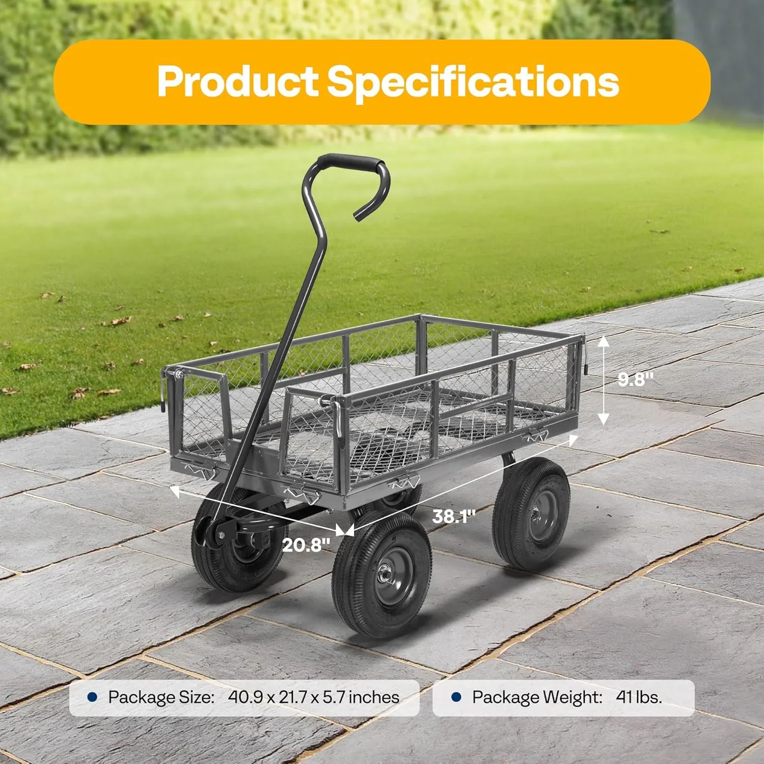 SPECSTAR Mesh Steel Garden Cart 880 lbs Capacity, 38 x 21 Folding Utility Wagon with 10 Inch Wheels