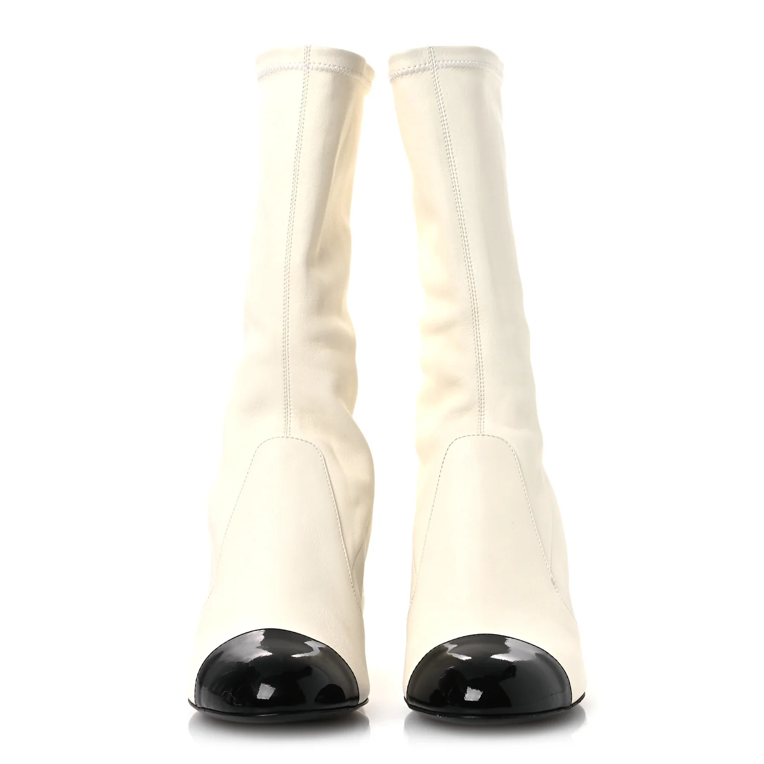 Stretch Lambskin Patent Cap Toe Pearl Ball Mid Calf Boots 39 White Black
