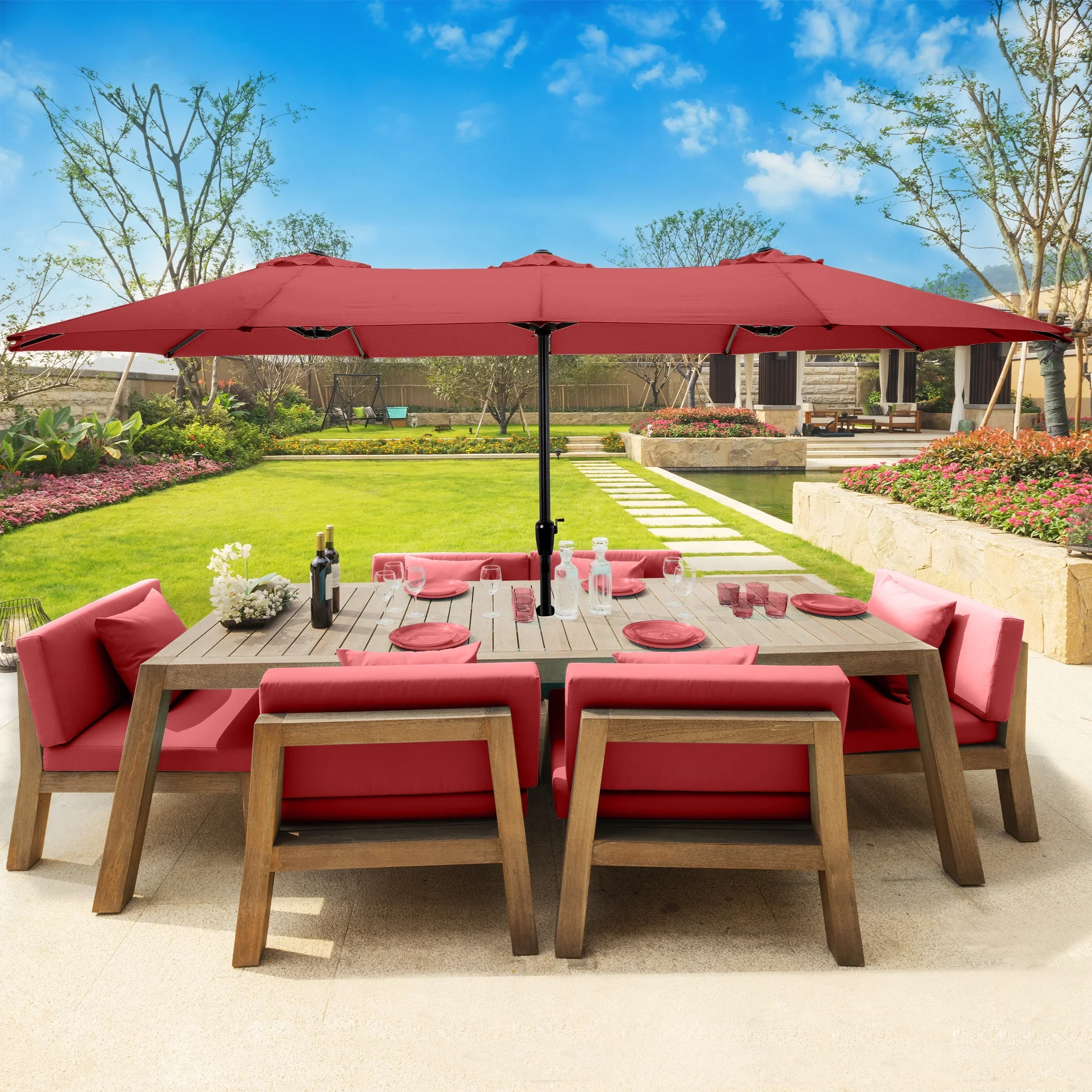 Pure Garden 15 Ft Double Patio Umbrella �?XL Sunshade with Hand Crank, Beige