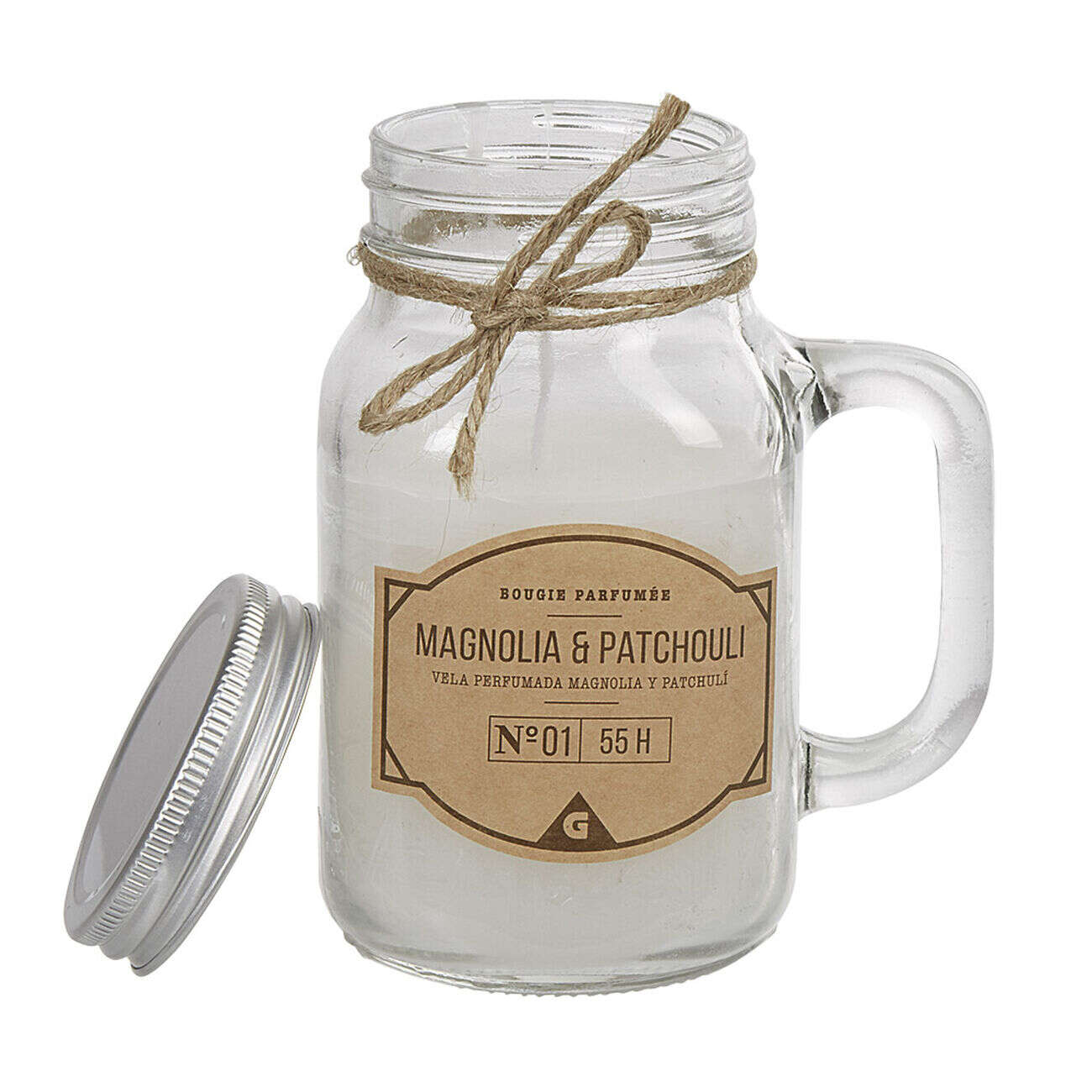 Bougie dans mug en verre avec couvercle senteur magnolia patchouli