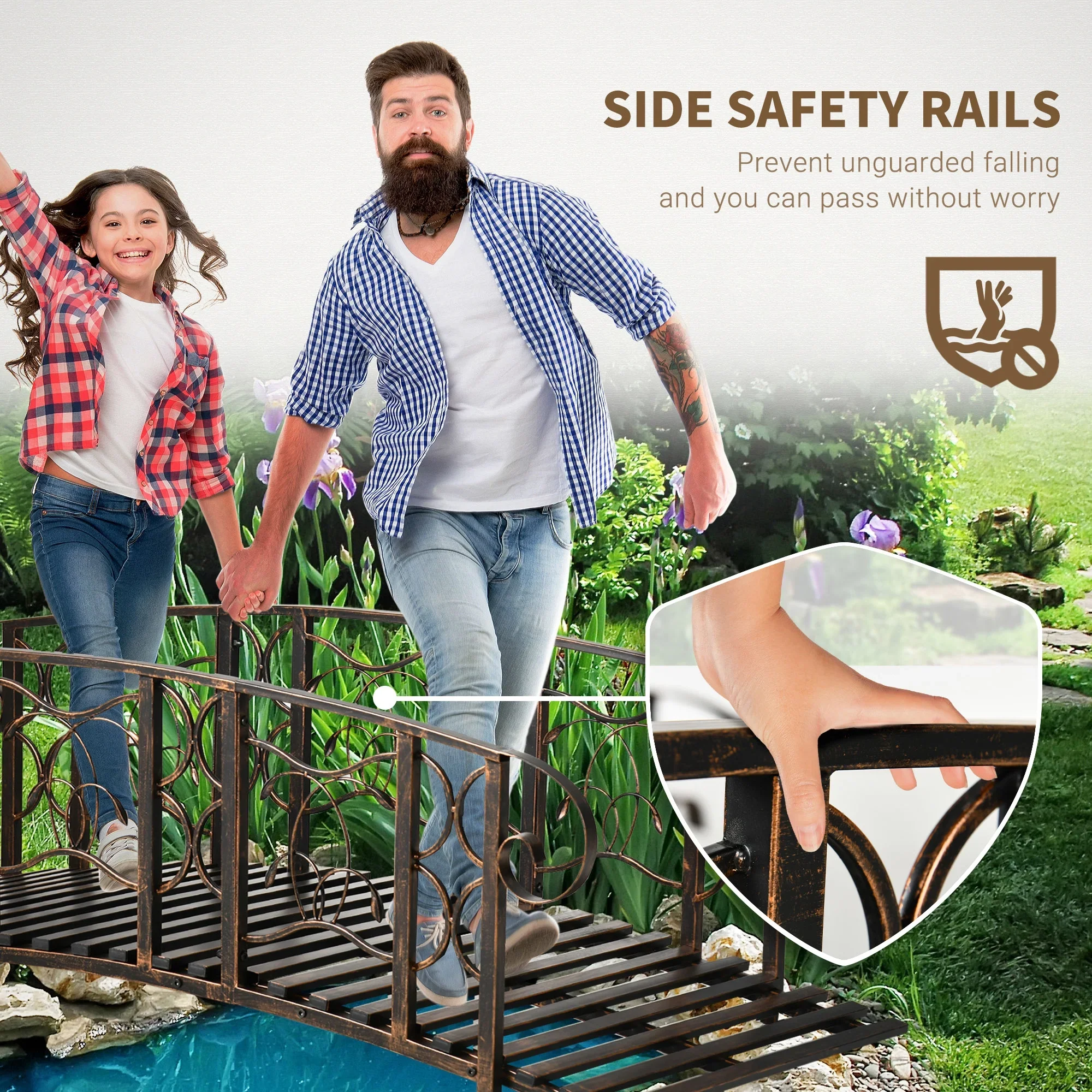 Outsunny 6' Metal Arch Backyard Garden Bridge with 660 lbs. Weight Capacity, Safety Siderails, Vine Motifs, Easy Assembly for Backyard Creek, Stream, Pond, Brown,