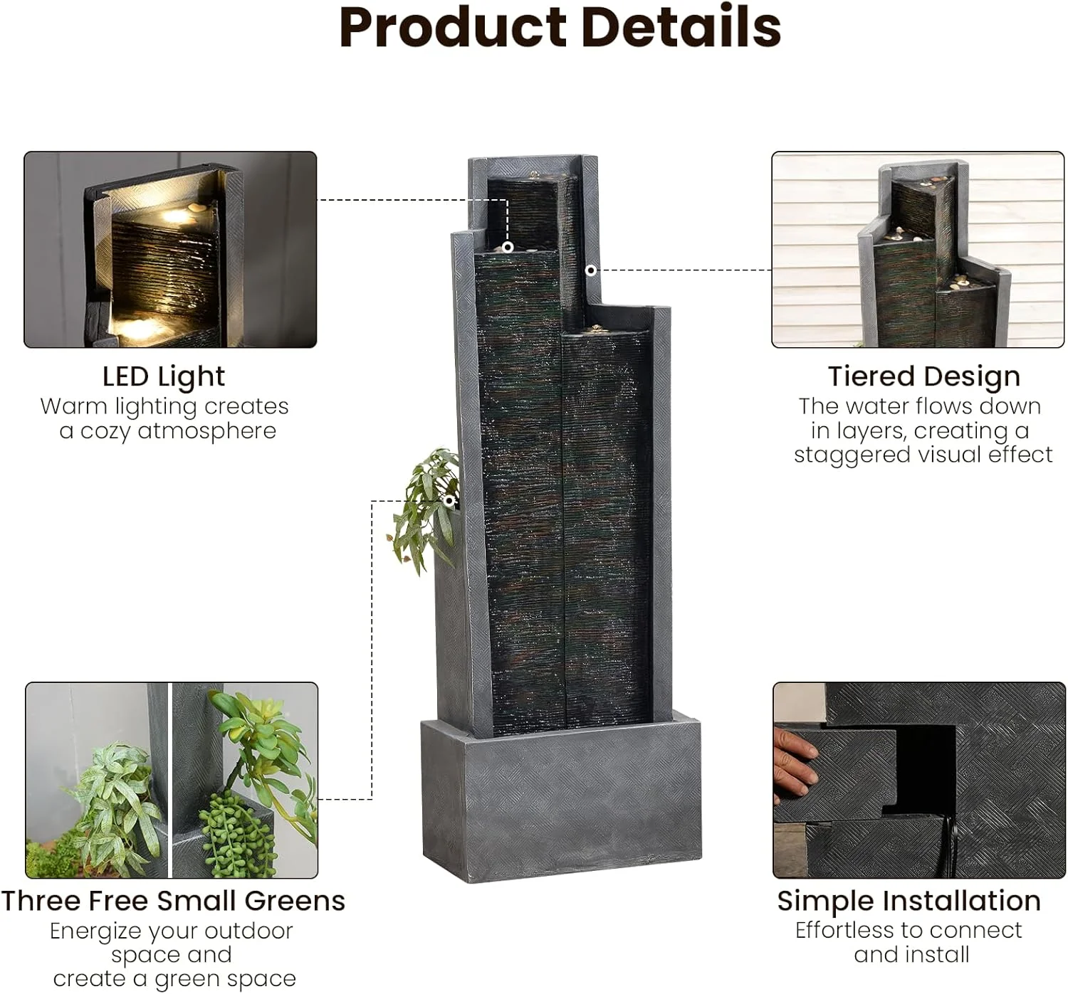 Outdoor Modern Waterfall Fountain Water Fall Fountains with LED Lights for Garden, Patio, Backyard, Deck, Porch and Home Decor - Image 3