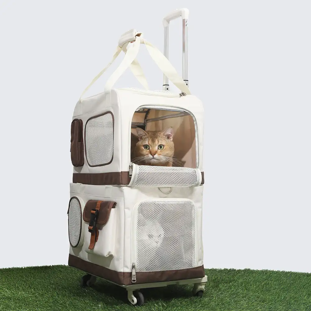 Travel Carrier Double-Layer Foldable Cat Bag with Detachable Trolley