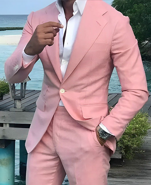 Ensemble blazer et pantalon 2 pièces rose business à poches boutonnées et revers cranté