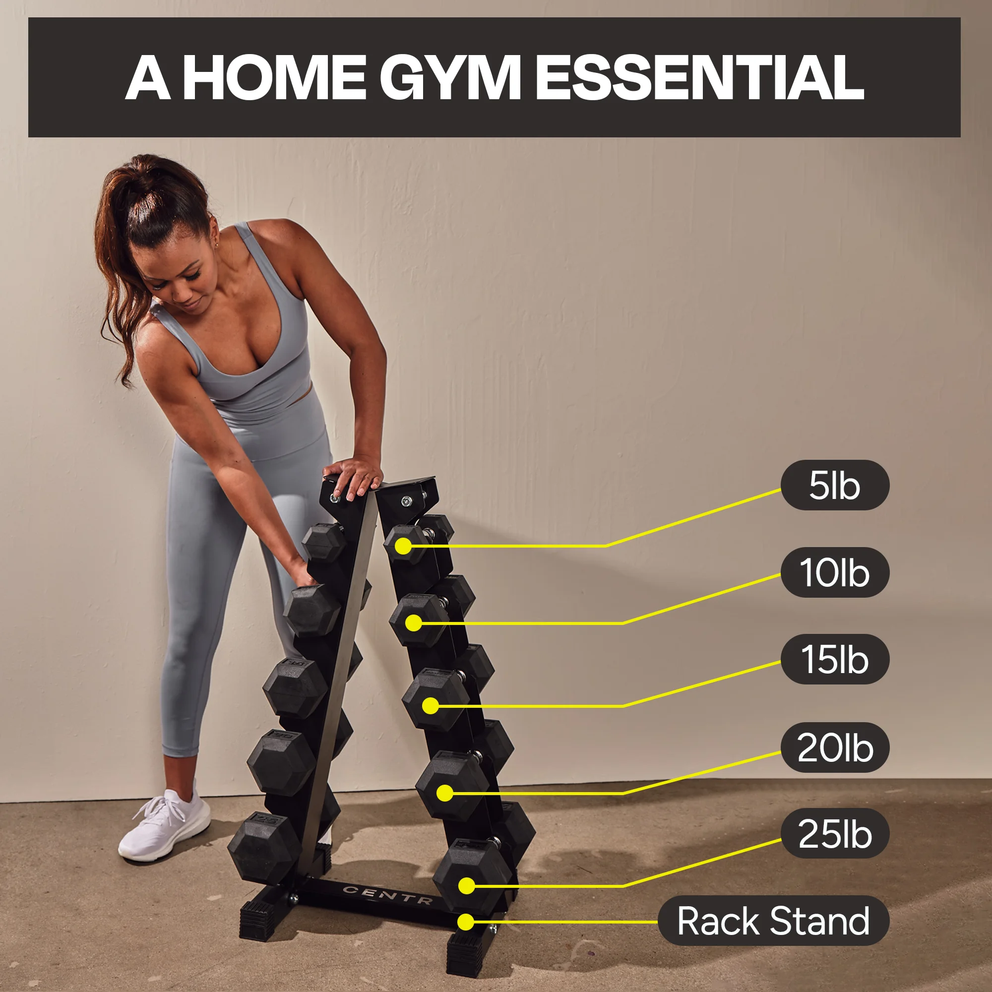 150 lb Rubber Hex Dumbbell Set with Rack, 5-25 lb Weights, Black - Image 2