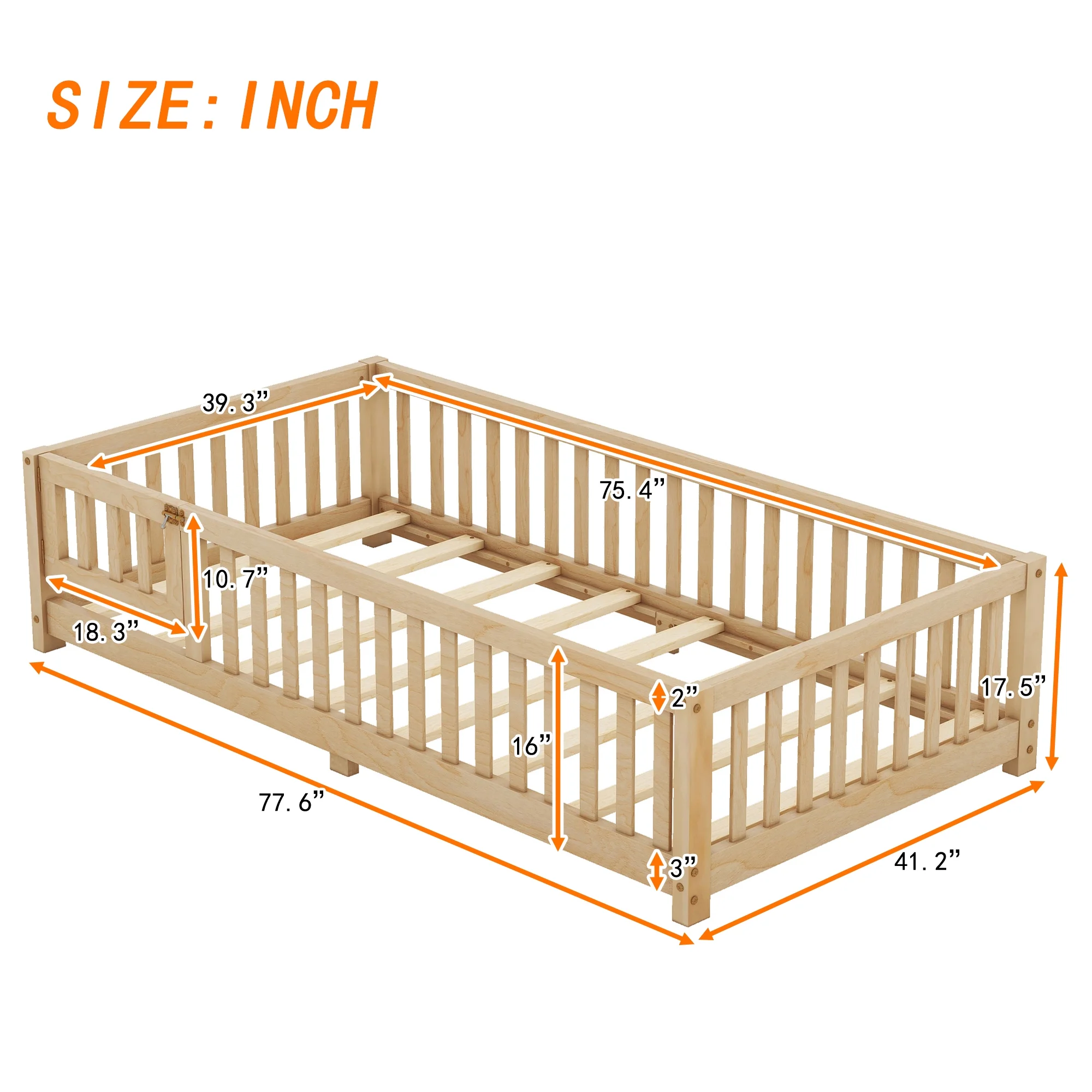 Twin Size Bed Floor Bed with Safety Guardrails and Door for Kids Toddlers, Natural(Twin/Natural) - Image 7