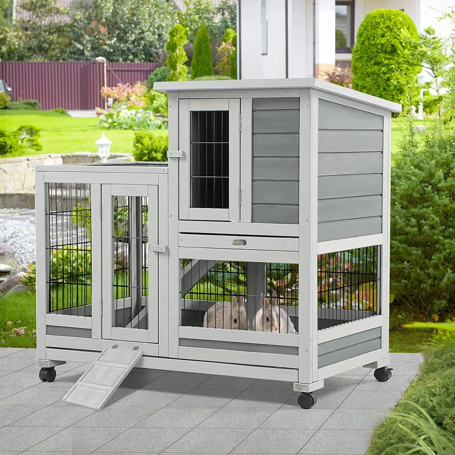 Indoor Rabbit Hutch Bunny Cage Large Pet House for Small Animal with Wheels Image 2